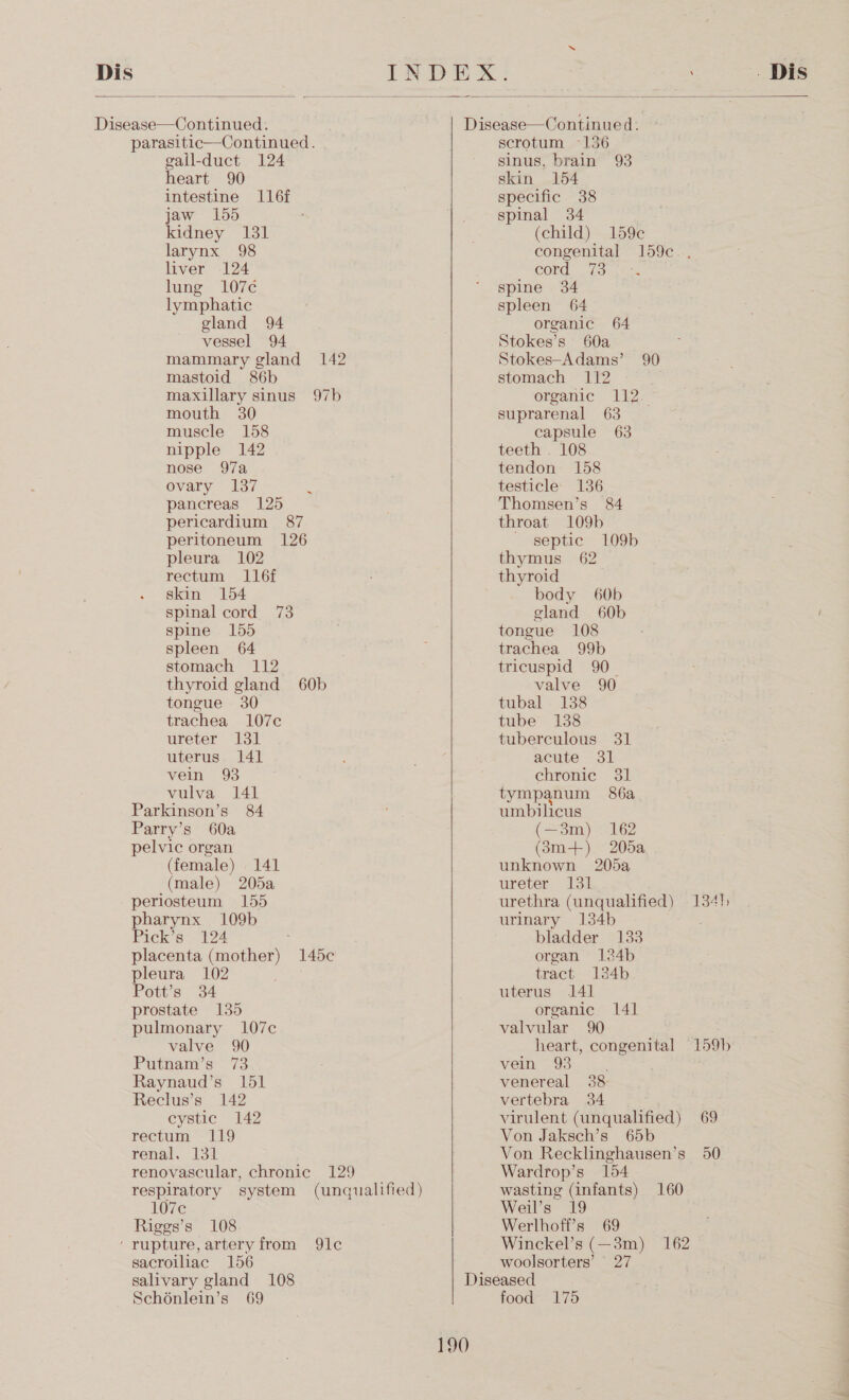 parasitic—Continued. gail-duct 124 heart 90 intestine 116f jaw 155 kidney 131 larynx 98 liver 124 lung 107¢ lymphatic gland 94 vessel 94 mammary gland 142 mastoid 86b maxillary sinus 97b mouth 30 muscle 158 nipple 142 nose 97a ovary 137 pancreas 125 pericardium 87 peritoneum 126 pleura 102 rectum 116f skin 154 spinal cord 73 spine 155 spleen 64 stomach 112 thyroid gland 60b tongue 30 trachea 107c ureter 131 uterus 141 vein 93 vulva 141 Parkinson’s 84 Parry’s 60a pelvic organ (female) 141 (male) 205a periosteum 155 pharynx 109b Pick’s — 124 placenta (mother) 145c pleura 102 Pott’s 34 prostate 135 pulmonary 107c valve 90 Putnam’s 73 Raynaud’s 151 Reclus’s 142 cystic 142 rectum 119 renal. 131 renovascular, chronic 129 respiratory system (unqualified) 107¢ Riggs’s 108 ‘rupture, artery from 9lc sacroiliac 156 salivary gland 108 Schénlein’s 69 ~ scrotum ~136 sinus, brain 93 skin 154 specific 38 spinal 34 (child) 159¢ congenital 159c., CONG vont: spine 34 spleen 64 organic 64 Stokes’s 60a Stokes-Adams’ 90 stomach 112 organic 112 suprarenal 63 capsule 63 teeth . 108 tendon 158 testicle 136 Thomsen’s 84 throat 109b septic 109b thymus 62 thyroid body 60b gland 60b tongue 108 trachea 99b tricuspid 90 valve 90 tubal 138 tube 138 tuberculous 31 acute 31 chronic 31 tympanum 86a umbilicus (+~3m) 162 (3m-+) 205a unknown 20da ureter 131 urethra (unqualified) 134) urinary 134b bladder 1383 organ 124b tract 134b uterus 141 organic 141 valvular 90 heart, congenital 159b vein 93 venereal 38 vertebra 34 virulent (unqualified) 69 Von Jaksch’s 65b Von Recklinghausen’s 50 Wardrop’s 154 wasting (infants) 160 Weil’s 19 Werlhoff’s 69 Winckel’s (—3m) 162 woolsorters’ 27 food 175