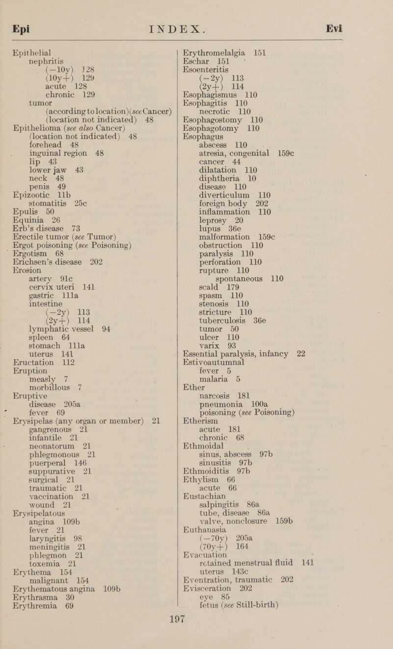 Epi INDEX. Evi Epithelial Erythromelalgia 151 nephritis Eschar 151 ° (—10y) 128 Esoenteritis (oy) 129 (—2y) 1138 acute 128 (2y+) 114 chronic 129 Esophagismus 110 tumor Esophagitis 110 (according to location)(see Cancer) (location not indicated) 48 Epithelioma (see also Cancer) (location not indicated) 48 forehead 48 inguinal region 48 lip 48 lower jaw 43 neck 48 penis 49 Epizootic llb stomatitis 25¢ Epulis 50 Equinia 26 Erb’s disease 73 Erectile tumor (see Tumor) Ergot poisoning (see Poisoning) ' Ergotism 68 Erichsen’s disease Erosion artery 9lc cervix uteri gastric llla intestine (—2y) 113 (ager yp. 114 lymphatic vessel 94 spleen 64 stomach llla uterus 141 Eructation 112 Eruption measly 7 morbillous 7 Eruptive disease 20da fever 69 Erysipelas (any organ or member) 21 angrenous 21 infantile 21 neonatorum 21 phlegmonous 21 puerperal 146 suppurative 21 surgical 21 traumatic 21 vaccination 21 — wound 21 Erysipelatous angina 109b fever 21 laryngitis 98 meningitis 21 phlegmon 21 toxemia 21 Erythema 154 malignant 154 Erythematous angina 109b Erythrasma 30 Erythremia 69 202 141 necrotic 110 Esophagostomy 110 Ksophagotomy 110 Esophagus abscess 110 atresia, congenital 159c cancer 44 dilatation 110 diphtheria 10 disease 110 diverticulum 110 foreign body 202 inflammation 110 leprosy 20 lupus 36e malformation 159c obstruction 110 paralysis 110 perforation 110 rupture 110 spontaneous scald 179 spasm 110 stenosis 110 stricture 110 tuberculosis 36e tumor 50 ulcer 110 varix 93 Essential paralysis, infancy 22 Estivoautumnal fever 5 malaria 5 Ether narcosis 181 pneumonia 100a poisoning (see Poisoning) 110 Etherism acute 181 chronic 68 Ethmoidal sinus, abscess 97b sinusitis 97b Ethmoiditis 97b Ethylism 66 acute 66 Eustachian salpingitis 86a tube, disease 86a valve, nonclosure 159b Euthanasia (—70y) 205a (i0y=-) 164 Evacuation retained menstrual fluid 41 uterus 143c Eventration, traumatic 202 Evisceration 202 eye 8) fetus (see Still-birth)