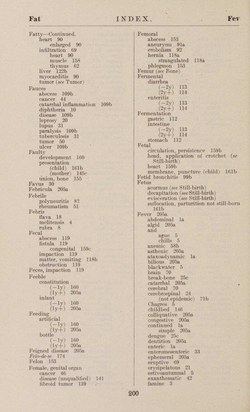 Fat Fatty—Continued. heart 90 enlarged 90 infiltration 69 heart 90 muscle 158 thymus 62 liver 129) myocarditis 90 tumor (see Tumor) Fauces abscess 109b cancer 44 catarrhal inflammation 109b diphtheria 10 disease 109b leprosy 20 lupus 31 paralysis 109b tuberculosis 31 tumor 50 ulcer 109b : Faulty development 160 presentation (child) 161b (mother) 145c union, bone 155 Favus 30 Febricula 205a Febrile polyneuritis 82 rheumatism 651 Febris flava 18 melitensis 4 rubra 8 Fecal abscess 119 fistula 119 congenital 159c impaction 119 matter, vomiting 118b obstruction 119 Feces, impaction 119 Feeble constitution (—ly) 160 ( rand 205a infant —ly) 160 ly+) 205a Feeding artificial (—ly) 160 (ly+) 205a (—ly) 160 (ly) 205a Feigned disease 205a Felo-de-se 174 Felon 153 Female, genital organ cancer 46 disease (unqualified) 141 fibroid tumor 139 =. —— eee Femoral abscess . 153 aneurysm 9la embolism 92 hernia 118a strangulated 118a phlegmon 153 Femur (see Bone) Fermental diarrhea (=2y). 113 (2y+) 114 enteritis (=2y)) 8 (2y+)- 114 Fermentation gastric 112 intestine (=9y) 113 (2y+) 114 stomach 112 Fetal circulation, persistence 159b head, application of crotchet (se Still- birth) heart 159b membrane, puncture (child) 161b Fetid bronchitis 99b Fetus acormus (see Still-birth) decapitation (see Still-birth ) evisceration (see Still-birth) suffocation, parturition not still-born 161b Fever 205a abdominal la algid 205a and ague 94 chills 5 anemic 58b asthenic 205a ataxoadynamic la bilious 205a blackwater 5 brain 70 break-bone 25c catarrhal 205a ie cerebral 70 cerebrospinal 24 (not epidemic) 71b Chagres 5 childbed 146 colliquative 205a congestive 205a continued la simple 205a dengue 25c dentition 205a enteric la enteromesenteric 33 ephemeral 205a eruptive 69 erysipelatous 21 estivoautumnal 5 exanthematic 42 famine 3