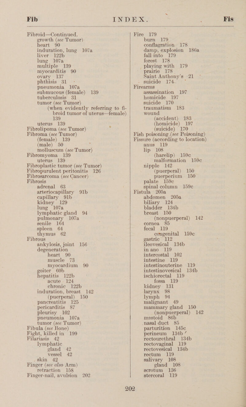   Fib INDEX. Fis Fibroid—Continued. Fire 179 growth (see Tumor) burn. 479. heart 90 induration, lung 107a liver 122b lung 107a multiple 139 myocarditis 90 ovary 137 phthisis 31 pneumonia 107a submucous (female) 139 tuberculosis 31 tumor (see Tumor) (when evidently referring to fi- broid tumor of uterus—female) 139 uterus 139 Fibrolipoma (see Tumor) Fibroma (see Tumor) (female) 139 (male) 50 i molluscum (see Tumor) Fibromyoma 139 uterus 139 Fibroplastic tumor (see Tumor) Fibropurulent peritonitis 126 Fibrosarcoma (see Cancer) Fibrosis adrenal 63 arteriocapillary 91b capillary 91b kidney 129 lung 107a lymphatic gland 94 pulmonary 107a senile 164 spleen 64 thymus 62 Fibrous ankylosis, joint 156 degeneration heart 90 muscle 73 myocardium 90 goiter 60b hepatitis 122b acute - 124 chronic 122b induration, breast 142 (puerperal) 150 pancreatitis 125 pericarditis 87 pleurisy 102 pneumonia 107a Fibula (see Bone) Fight, killed in 199 Filariasis 42 lymphatic gland 42 vessel 42 ,8kin 42 Finger (see also Arm) retraction 158 Finger-nail, avulsion 202 conflagration 178 damp, explosion 186a fallinto 179 forest 178 ' playing with 179 ‘prairie 178 - Saint Anthony’s 21 - suicide 174 : Firearms . assassination 197 homicide. 197 suicide 170 traumatism 183 wound (accident) 183 (homicide) 197 (suicide) 170 Fish poisoning (see Poisoning) Fissure (according to location) anus 119 lip 108 ' (harelip) 159c malformation 159c nipple 142 (puerperal) 150 puerperium 150 palate 159c spinal column 159c Fistula 205a abdomen 205a biliary 124 bladder 134b breast 150 (nonpuerperal) 142 cornea fecal 119 congenital 159c gastric 112 ileovesical inano 119 intercostal 102 intestine 119 intestinouterine 119 intestinovesical 134b ischiorectal 119 fossa 119 kidney 131 larynx 98 lymph 94 malignant 49 mammary gland 150 (nonpuerperal) 142 mastoid 86b parturition 145c perineum 134b ” rectourethral 134b rectovaginal 119 rectovesical 134b rectum 119 salivary 108 gland 108 scrotum 136 stercoral 119 134b