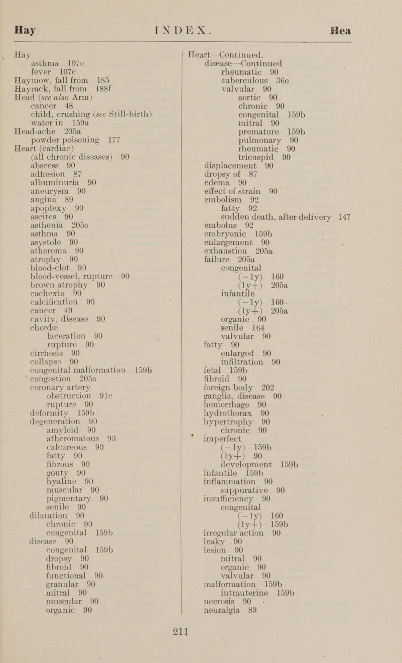 Hay INDEX: Hay asthma 107e fever 107c Haymow, fall from 185 Hayrack, fallfrom 188f Head (see also Arm) cancer 48 child, crushing (see Still-birth) waterin 159a Head-ache 205a powder poisoning 177 Heart (cardiac) (all chronic diseases) 90 abscess 90 adhesion 87 albuminuria 90 aneurysm 90 angina 89 apoplexy 90 ascites 90 asthenia 205a asthma 90 asystole 90 atheroma 90 atrophy 99 -blood-clot 99 blood-vessel, rupture 90 brown atrophy 90 cachexia 90 calcification 90 cancer 49 cavity, disease 90 chords laceration 90 rupture 90 cirrhosis 90 collapse 90 congenital malformation congestion 205a coronary artery obstruction 9lc rupture 90 deformity 159b degeneration 90 amyloid 90 atheromatous 90 caleareous 90 fatty 90 fibrous 90 gouty 90 hyaline 90 muscular 90 pigmentary 90 senile 90 dilatation 90 chronic 90 congenital disease 90 . congenital 159b dropsy 90 fibroid 90 functional 90 eranular 90 mitral 90 muscular 90 organic 90 159b 159b 211 Hea disease—Continued rheumatic 90 tuberculous 36e valvular 90 aortic 90 chronic 90 congenital 159b mitral 90 premature 159b pulmonary 90 rheumatic 90 tricuspid 90 displacement 90 dropsy of 87 edema 90 effect of strain 90 embolism 92 fatty 92 sudden death, after delivery 147 embolus 92 embryonic 159b enlargement 90 exhaustion 205a failure 205a congenital (—ly) 160 (ly+) 205a infantile (—ly) (ly+) organic 90 senile 164 valvular 90 fatty 90 enlarged 90 infiltration 90° fetal 159b fibroid 90 foreign body 202 ganglia, disease 90 . hemorrhage 90 hydrothorax 90 hypertrophy 90 chronic 90 160 - 205a imperfect (—ly) 159b (ly+) 90 development 159b infantile 159b inflammation 90 suppurative 90 insufficiency 90 congenital (—ly) 160 (ly +) 159b irregular action 90 leaky .90 lesion . 90 mitral 90 organic 90 valvular 90 malformation 159b intrauterine 159b necrosis 90 neuralgia 89