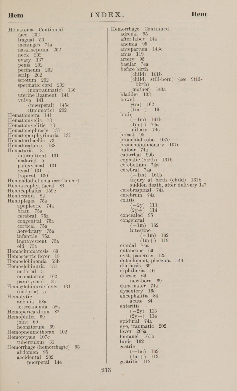 Hematoma—Continued. face 202 lingual 50 meninges 74a nasal septum 202 neck 202 ovary 137 penis 202 perineum 202 scalp 202 scrotum 202 spermatic cord 202 (nontraumatic) 136 uterine ligament 141 vulva 141 (puerperal) 145c (traumatic) 202 Hematometra 141 Hematomyelia 73 Hematomyelitis 73 Hematonephrosis 131 Hematoporphyrinuria 131 Hematorrhachis 73 Hematosalpinx 138 Hematuria 131 intermittent 131 malarial 5 paroxysmal 131 Tena! «Usd. tropical 130 Hemendothelioma (see Cancer) Hemiatrophy, facial 84 Hemicephalus 159c Hemicrania 82 Hemiplegia 75a apoplectic 74a brain 75a cerebral 75a congenital 75a cortical 75a hereditary 75a infantile 75a ingravescent 75a old 75a Hemochromatosis 69 Hemogastric fever 18 Hemoglobinemia 58b Hemoglobinuria 131 malarial 5 neonatorum 162 paroxysmal 131 Hemoglobinuric fever 131 (malaria) 5 Hemolytic anemia 58a icteroanemia 58a Hemopericardium 87 Hemophilia 69 joint 69 neonatorum 69 Hemopneumothorax 102 Hemoptysis 107c tuberculous 31 Hemorrhage (hemorrhagic) 95 abdomen 95 accidental 202 puerperal 144 adrenal 95 after labor 144 anemia 95 antepartum 143c anus 119 artery 95 basilar 74a before birth (child) 161b (child, still-born) (see Still- birth) (mother) 143a bladder 133 bowel (dm) 162 (Im+) 119 brain (—lm) 161b (Im+) 74a miliary 74a breast 95 bronchial tube 107c bronchopulmonary 107c bulbar 74a catarrhal 99b cephalic (birth) 161b cerebellum 74a cerebral 74a (—lm) 161b + injury at birth (child) 161b sudden death, after delivery 147 cerebrospinal 74a cerebrum ‘74a colitis (oe 118 (2y+) 14 concealed 95 congenital (—lm) 162 intestine (—lm) 162 (Im+) 119 cranial . 74a cutaneous 69 cyst, pancreas 125 detachment, placenta 144 diathesis 69 diphtheria 10 disease 69 new-born 69 dura mater 74a dysentery l6c encephalitis 84 acute 84 enteritis - (—2y) 113 Cyr) iA eye, traumatic 202 fever 205a fontanel 161b funis 162) — gastric (—lm) 162 (Im+) 112 gastritis 112