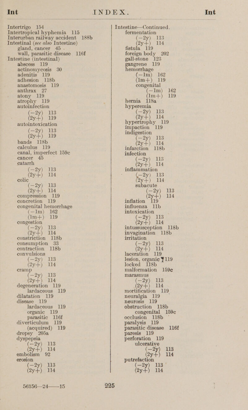  Intertrigo 154 Intertropical hyphemia 115 Interurban railway accident 188b Intestinal (see also Intestine) gland, cancer 45 . wall, parasitic disease 116f Intestine (intestinal) abscess 119 actinomycosis 30 adenitis 119 adhesion 118b anastomosis 119 anthrax 27 atony 119 atrophy 119 autoinfection (9) 113 (2y+) 119 autointoxication (—2y) 118 (2y+) 119 bands 118b calculus 119 canal, imperfect 159c cancer 45 ; catarrh (42y¥)--918 (2y+) 114 colic (=o9y 13 toys). EL4 compression 119 concretion 119 congenital hemorrhage (—Im) 162 (Im+) 119 congestion (—2y) 113 (2y+) 114 constriction 118b consumption 33 contraction 118b convulsions (—2y) 113 (2y+) 114 cramp (—2y) 113 (2y+) 114 degeneration 119 lardaceous 119 dilatation 119 disease 119 lardaceous 119 organic 119 parasitic 116f diverticulum 119 (acquired) 119 dropsy 205a dyspepsia (—2y) 113 (2y-+) 114 embolism 92 erosion (—2y) 113 (2y-p)j¢ 4 96156—24——15  225 fermentation (2 enitl3 (2y+) 114 fistula 119 foreign body 202 gall-stone 123 gangrene 119 hemorrhage (—Im) 162 (Im+) 119 congenital (—lm) 162 (im. y- 129 hernia 118a hyperemia (—2y) 113 (2y-+) 114 hypertrophy 119 impaction 119 indigestion (29) 2418 (2y+) 114 infarction 118b infection (—2y) 113 (2ye),, 14 inflammation S 2y) 113 oy+) 114 subacute (—2y) 113 (2y+) 114 inflation 119 influenza 11b intoxication (—2y) 118 (2y-+) 14 intussusception 118b invagination 118b irritation (—2y) 7 118 (2y+) 114 laceration 119 lesion, organic ¥119 locked 118b malformation 159¢ marasmus (—2y) 118 (2y-+) 114 mortification 119 neuralgia 119 ~ neurosis 119 obstruction 118b congenital 159¢c occlusion 118b ° paralysis 119 parasitic disease 116f paresis 119 perforation 119 ulcerative (—2y) 113 (2y+) 114 putrefaction (—2y) 113° (2y+) 114