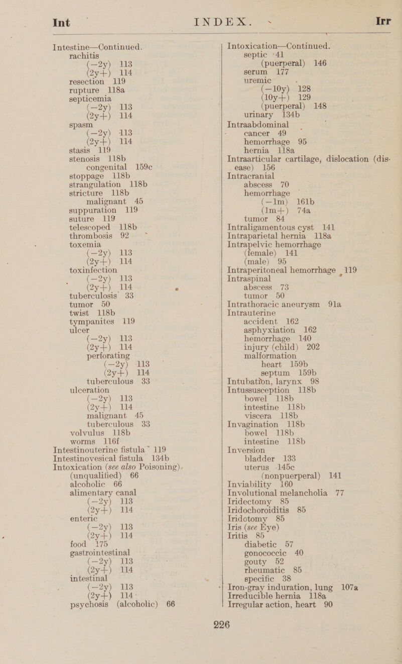 NDB ~s Irr  Intestine—Continued. rachitis (—2y) 113 (2yo) Ia resection 119 rupture 118a septicemia (—2y) 113 (2y+) 114 spasm (—2y) 113 (2y+) 114 stasis 119 stenosis 118b congenital 159c stoppage 118b strangulation 118b stricture 118b malignant 465 suppuration 119 suture 119 telescoped 118b thrombosis 92 : toxemia (—2y) 118 Gy sii toxinfection (2g ais (Qy+) 114 A tuberculosis 33 tumor 50 twist 118b tympanites 119 ulcer (—2y) 113 (29-2). hs perforating (99) He (2y-+) = E4 tuberculous 33 ulceration (—2y) 118 (2y+) 114 malignant 45 tuberculous 33 volvulus 118b worms l116f v Intoxication—Continued. septic ‘41 (puerperal) 146 serum 177 - uremic (—10y) 128 (l0y+) 129 (puerperal) 148 urinary 134b Intraabdominal cancer 49 hemorrhage 95 hernia 118a Intraarticular cartilage, dislocation (dis- ease) 156 | Intracranial abscess 70 hemorrhage ———- {(—lm) 161b (Im+) 74a tumor 84 Intraligamentous cyst 141 Intraparietal hernia 118a Intrapelvic hemorrhage (female) 141 (male) 95 | Intraperitoneal hemorrhage | 119 Intraspinal abscess 73 tumor 50 Intrathoracic aneurysm 91a Intrauterine accident 162 asphyxiation 162 hemorrhage 140 injury (child) 202 malformation heart 159b septum 159b Intubation, larynx 98 Intussusception 118b bowel 118b intestine 118b viscera 118b Invagination 118b bowel 118b intestine 118b Intestinouterine fistula ~ 119 Inversion Intestinovesical fistula 134b bladder 133 Intoxication (see also Poisoning) uterus 145c (unqualified) 66 alcoholic 66 alimentary canal (=27) 118 (2y+) 114 enteric ( by) Tad (y+) El4 food 175 gastrointestinal (—oyF 118 (aye) aid intestinal (—2y) 118 (2y+) 114: psychosis (alcoholic) 66 (nonpuerperal) 141 Inviability 160 Involutional melancholia 7 if Iridectomy 85 Iridochoroiditis 85 Iridctomy 85 Tris (see Kye) Iritis 85 diabetic 57 gonococcic 40 gouty 52 rheumatic 85 specific 38 ‘| Iron-gray induration, lung 107a Irreducible hernia 118a Irregular action, heart 90