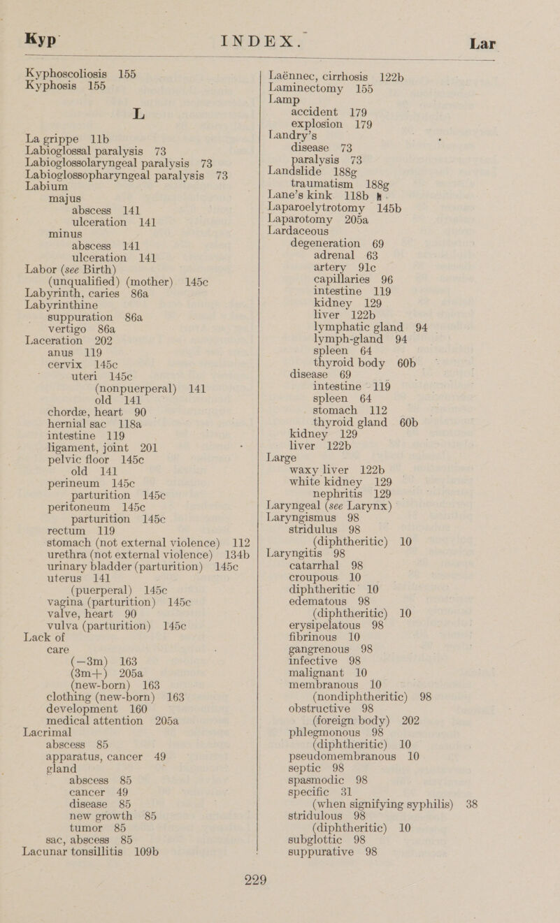  Kyp INDEX. Lar Kyphoscoliosis 155 Laénnec, cirrhosis 122b Kyphosis 155 Laminectomy 155 Lamp L accident 179 explosion 179 La grippe 11b Landry’s Labioglossal paralysis 73 disease 73 Labioglossolaryngeal paralysis 73 paralysis 73 Labioglossopharyngeal paralysis 73 Landslide 188g Labium traumatism 188 majus Lane’s kink. 118b 4h. abscess 141 Laparoelytrotomy 145b ulceration 141 Laparotomy 205a minus Lardaceous abscess 14] degeneration 69 ulceration 141 adrenal 63 Labor (see Birth) artery 9lc (unqualified) (mother) 145c capillaries 96 Labyrinth, caries 86a intestine 119 Labyrinthine kidney 129 suppuration 86a liver 122b vertigo 86a lymphatic gland 94 Laceration 202 lymph-gland 94 anus 119 spleen 64.07 &lt;&lt;. cervix 145c : thyroid body 60b uteri 145c disease 69 : (nonpuerperal) 141 intestine ~ 119 old 141 spleen 64 chorde, heart 90 _ stomach 112 hernial sac 118a __ thyroid gland 60b intestine 119 kidney 129 ligament, joint 201 liver 122b pelvic floor 145c Large old 141 waxy liver 122b perineum 145c white kidney 129 parturition 145c nephritis 129 | peritoneum 145c Laryngeal (see Larynx) parturition 145c Laryngismus 98 rectum 119 stridulus 98 stomach (not external violence) 112 _(diphtheritic) 10 urethra (not external violence) 134b | Laryngitis 98 urinary bladder (parturition) 145c catarrhal 98 uterus 141 croupous. 10 | (puerperal) 145c diphtheritic 10 vagina (parturition) 145c edematous 98 valve, heart 90 (diphtheritic) 10 vulva (parturition) 145c erysipelatous 98 Lack of fibrinous 10 care ganerenous 98 (—3m) 163 infective 98 (8m-+) 205a malignant 10 (new-born) 163 membranous 10 clothing (new-born) 163 (nondiphtheritic) 98 development 160 obstructive 98 medical attention 205a (foreign body) 202 Lacrimal phlegmonous 98 abscess 85 (diphtheritic) 10 apparatus, cancer 49 pseudomembranous 10 gland : septic 98 abscess 85 spasmodic 98 cancer 49 specific 31 disease 85. (when signifying syphilis) 38 new growth 85 stridulous 98 tumor 85 (diphtheritic) 10 sac, abscess 85 Lacunar tonsillitis 109b subglottic 98 suppurative 98