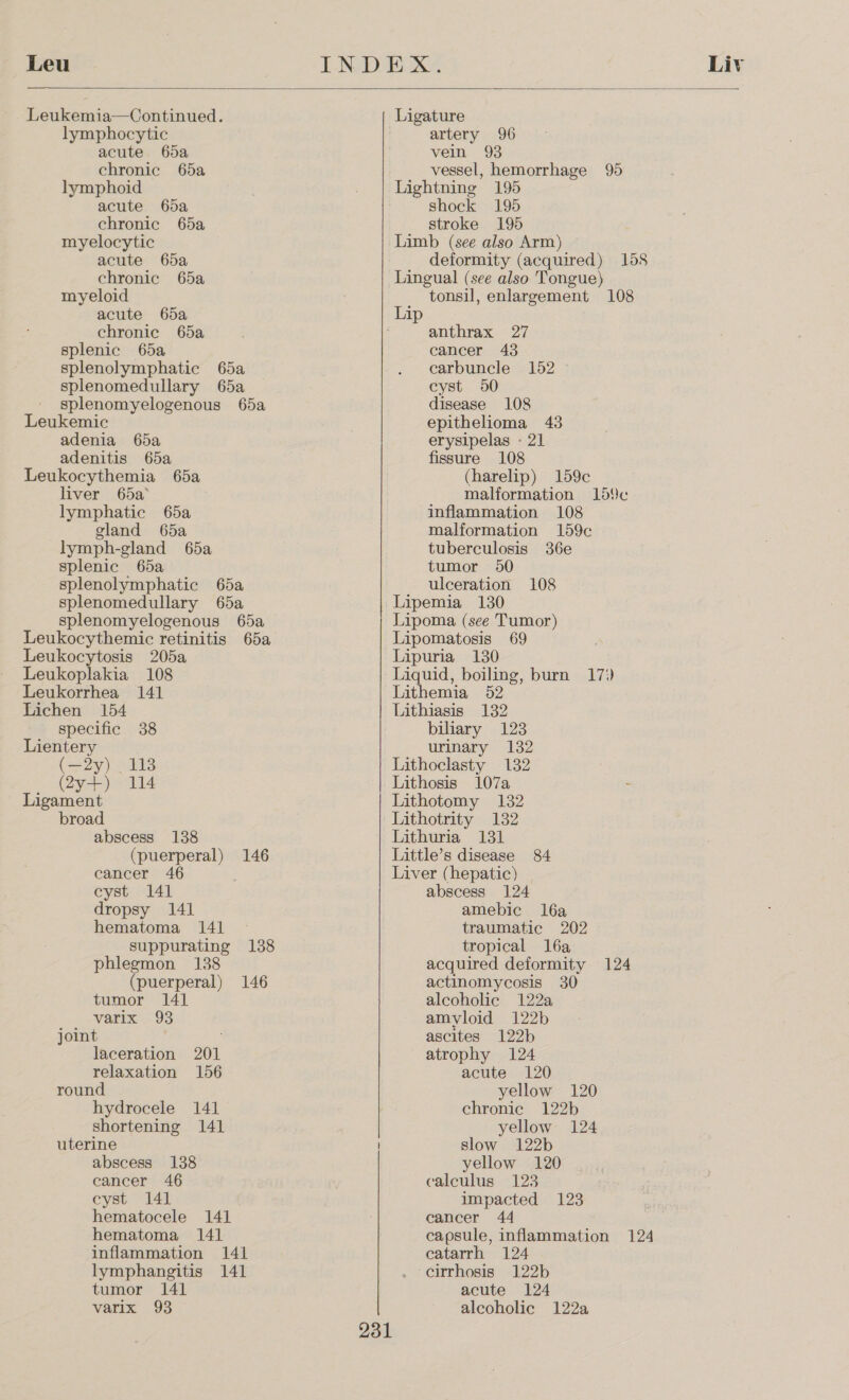  Leu INDEX. Liv Leukemia—Continued. Ligature lymphocytic artery 96 acute 65a vein 93 chronic 65a vessel, hemorrhage 95 lymphoid Lightning 195 acute 65a shock 195 chronic 65a stroke 195 myelocytic Limb (see also Arm) acute 65a deformity (acquired) 158 chronic 65a Lingual (see also Tongue) myeloid tonsil, enlargement 108 acute 65a Lip chronic 65a anthrax 27 splenic 65a cancer 43 splenolymphatic 65a carbuncle 152 splenomedullary 65a cyst 50 splenomyelogenous 65a Peckenie adenia 65a adenitis 65a Leukocythemia 65a liver 65a lymphatic 65a gland 65a lymph-gland 65a splenic 65a splenolymphatic 65a splenomedullary 65a splenomyelogenous 65a Leukocythemic retinitis 65a Leukocytosis 205a Leukoplakia 108 Leukorrhea 141 Lichen 154 specific 38 Lientery (=2y) 113 (2y+) 114 Ligament broad abscess 138 (puerperal) 146 cancer 46 cyst 141 dropsy 141 hematoma 141 suppurating 138 phlegmon 138 (puerperal) 146 tumor 141 varix 93 joint laceration 201 relaxation 156 round hydrocele 141 shortening 141 uterine abscess 138 cancer 46 cyst 141 hematocele 141 hematoma 141 inflammation 141 lymphangitis 141 tumor 141 varix 93 a a disease 108 epithelioma 43 erysipelas - 21 fissure 108 (harelip) 159c malformation 1d9c inflammation 108 malformation 159c tuberculosis 36e tumor 50 ulceration 108 Lipemia 130 Lipoma (see Tumor) Lipomatosis 69 Lipuria 130 Liquid, boiling, burn 17)) Lithemia 52 Lithiasis 132 biliary 123 urinary 132 Lithoclasty 132 Lithosis 107a Lithotomy 132 Lithotrity 132 Lithuria 131 Little’s disease 84 Liver (hepatic) abscess 124 amebic l6a traumatic 202 tropical l6a acquired deformity 124 actinomycosis 30 alcoholic 122a amvloid 122b ascites 122b atrophy 124 acute 120 yellow 120 chronic 122b yellow 124 slow 122b yellow 120 calculus 123 impacted 123 cancer 44 capsule, inflammation 124 catarrh 124 cirrhosis 122b acute 124 alcoholic 122a