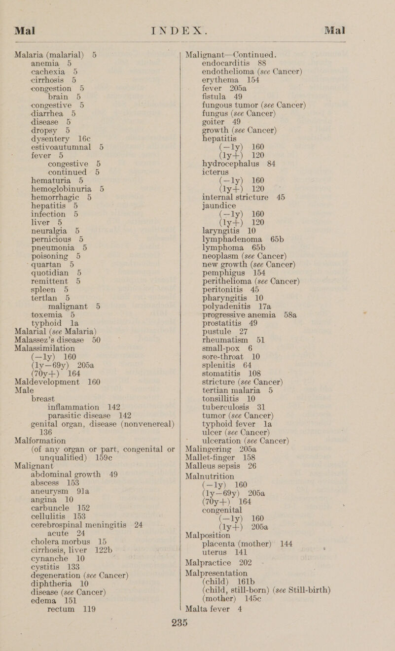  Malaria (malarial) 5 anemia 5 cachexia 5 cirrhosis 5 congestion 5 “brain 5 congestive 5 diarrhea 5 disease 5 dropsy 5 dysentery 16c estivoautumnal 5 fever 5 congestive 5 continued 5 hematuria 5 hemoglobinuria 5 hemorrhagic 5 hepatitis 5 infection 5 liver 5 neuralgia 5 pernicious 5 pneumonia 5 poisoning 5 ‘quartan 5 quotidian 5 remittent 5 spleen 5 tertian 5 malignant 5 toxemia 5 typhoid la Malarial (see Malaria) Malassez’s disease 50 Malassimilation (—ly) 160 (ly—69y) 205a (70y+) 164 Maldevelopment 160 Male breast inflammation 142 parasitic disease 142 genital organ, disease (nonvenereal) Malformation (of any organ or part, congenital or unqualified) 159¢ Malignant abdominal growth 49 abscess 153 aneurysm 9Qla angina 10 carbuncle 152 cellulitis 153 cerebrospinal meningitis 24 acute 24 cholera morbus 15 cirrhosis, liver 122b cynanche 10 cystitis 133 degeneration (see Cancer) diphtheria 10 disease (see Cancer) edema 151 rectum 119  Malignant—Continued. endocarditis 88 endothelioma (see Cancer) erythema 154 fever 205a fistula 49 . fungous tumor (see Cancer) fungus (see Cancer) goiter 49 growth (see Cancer) hepatitis (—ly) 160 (ly+) 120 hydrocephalus 84 icterus (—ly) 160 (y+) 120 internal stricture 45 jaundice (—ly) 160 (ly nh 120 one 10 lymphadenoma 65b lymphoma 65b neoplasm (see Cancer) new growth (see Cancer) pemphigus 154 perithelioma (see Cancer) peritonitis 45 pharyngitis 10 polyadenitis 17a progressive anemia 58a prostatitis 49 pustule 27 rheumatism 51 small-pox 6 sore-throat 10 splenitis 64 stomatitis 108 stricture (see Cancer) tertian malaria 5 tonsillitis 10 tuberculosis 31 tumor (see Cancer) typhoid fever la ulcer (see Cancer) ulceration (see Cancer) - Pine ciue 205a Mallet-finger 158 Malleus sepsis 26 Malnutrition (—ly) 160 (ly—69y) 205a (70y+) 164 congenital (—ly) 160 (ly+) 205a Malposition placenta (mother) 144 uterus 141 Malpractice 202 Malpresentation (child) 161b (child, still-born) (see Still-birth) (mother) 145c Malta fever 4