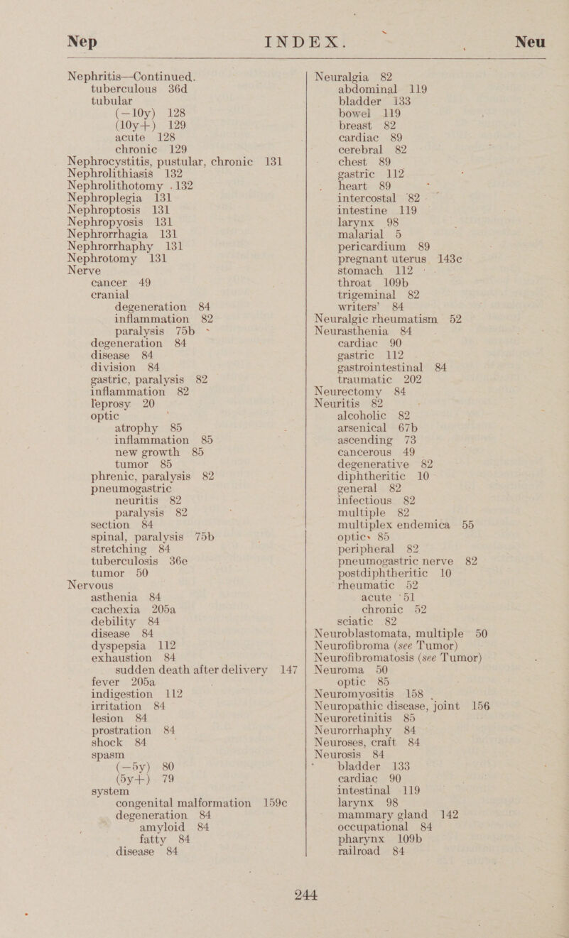 Nep  Nephritis—Continued. tuberculous 36d tubular (—10y) 128 (l0y+) 129 acute 128 chronic 129 Nephrocystitis, pustular, chronic 131 Nephrolithiasis 132 Nephrolithotomy . 132 Nephroplegia 131 Nephroptosis 131 Nephropyosis 131 Nephrorrhagia 131 Nephrorrhaphy 131 Nephrotomy 131 Nerve cancer 49 cranial degeneration 84 inflammation 82 paralysis 75b &gt; degeneration 84 disease 84 division 84 gastric, paralysis 82 inflammation 82 leprosy 20 optic atrophy 85 inflammation 85 new growth 85 tumor 8) phrenic, paralysis 82 pneumogastric neuritis 82 paralysis 82 section 84 spinal, paralysis stretching 84 tuberculosis 36e tumor 50 Nervous asthenia 84 cachexia 205a debility 84 disease 84 dyspepsia 112 exhaustion 84 sudden death after delivery 147 fever 205a indigestion 112 irritation 84 lesion 84 prostration 84 shock 84 spasm (—5y) 80 (5y+) 79 system congenital malformation degeneration 84 amyloid 84 fatty 84 disease 84 75b 159e Neu Neuralgia 82 abdominal 119 bladder 133 bowel 119 breast 82 cardiac 89 cerebral 82 chest 89 gastric 112 heart 89 intercostal 82 intestine 119 larynx 98 malarial 5 pericardium 89 pregnant uterus 1438c stomach 112 ° throat 109b trigeminal 82 writers’ 84 Neuralgic rheumatism 52 Neurasthenia 84 cardiac 90 gastric 112 castrointestinal 84 traumatic 202 Neurectomy 84 Neuritis 82 alcoholic 82 arsenical 67b ascending 73 cancerous 49 degenerative 82 diphtheritic 10 general 82 infectious 82 multiple 82 multiplex endemica 55 optics 85 peripheral 82 pheumogastric nerve 82 postdiphtheritic 10 ‘rheumatic 52 acute ‘dl chronic 52 sclatic 82 Neuroblastomata, multiple 50 Neurofibroma (see Tumor) Neurofibromatosis (see Tumor) Neuroma 50 optic 85 Neuromyositis 158 Neuropathic disease, joint 156 Neuroretinitis 85 Neurorrhaphy 84 Neuroses, craft 84 bladder 133 cardiac 90 intestinal 119 larynx 98 mammary gland 142 occupational 84 pharynx 109b railroad 84