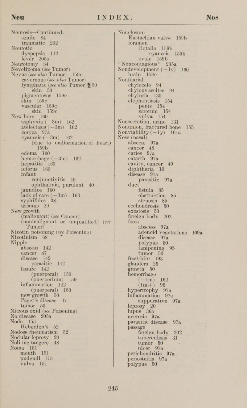    Neu EN DE Xx; Nos Neurosis—Continued. Nonclosure senile 84 Eustachian valve 159b traumatic 202 foramen Neurotic Botallo 159b dyspepsia 112 cyanosis 159b fever 205a ovale 159b Neurotomy 84 ‘“Noncontagious” 205a Nevolipoma (see Tumor) Nondevelopment (—ly) 160 Nevus (see also Tumor) 159¢c brain 159c cavernous (see also Tumor) Nonfilarial lymphatic (see also Tumor) 2 50 skin 50 pigmentosus 159c skin 159c vascular 159c skin 159c New-born 160 asphyxia (—3m) 162 atelectasis (—3m) 162 coryza 97a cyanosis (—3m) 162 (due to malformation of heart) 159b edema 160 hemorrhage (—3m) 162 _ hepatitis 160 icterus 160 infant conjunctivitis 40 ophthalmia, purulent 40 jaundice 160 lack of care (—3m) 163 syphilides 38 trismus 29 New growth (malignant) (see Cancer) (nonmalignant or unqualified) (sce Tumor) Nicotin poisoning (see Poisoning) Nicotinism 68 Nipple abscess 142 cancer 47 disease 142 parasitic 142 fissure 142 (puerperal) (puerperium) inflammation 142 (puerperal) 150 new growth 50 Paget’s disease 47 tumor 50 Nitrous oxid (see Poisoning) No disease 205a Node 155 Heberden’s 52 Nodose rheumatism 52 Nodular leprosy 20 Noli me tangere 48 Noma 151 mouth 151 pudendi 151 vulva 151 150 150 chylocele 94 chylous ascites 94 chyluria 130 elephantiasis penis 154 scrotum 154 vulva 154 Nonsecretion, urine 131 Nonunion, fractured bone 155 Nonviability ( iy) 61a Nose (nasal) abscess 97a cancer 48 carles 97a catarrh 97a cavity, cancer 49 diphtheria 10 disease 97a parasitic 97a duct fistula 85 obstruction 85 stenosis 85 ecchondrosis 50 exostosis 50 foreign body 202 fossa abscess 97a adenoid vegetations 109a disease 97a polypus 50 tamponing 95 tumor 090 frost-bite 193 glanders 26 154 growth 50 hemorrhage (—lm) 162 (Im+) 95 hypertrophy 97a inflammation 97a suppurative 97a leprosy 20 lupus 36a necrosis 97a parasitic disease 97a passage foreign body 202 tuberculosis 31 tumor 50 uleer 97a perichondritis 97a periosteitis 97a polypus 50