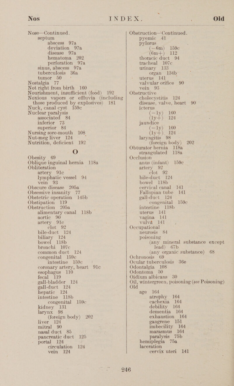   Nos IN DEX ; Old Nose—Continued. Obstruction—Continued. septum pyemic .41 abscess 97a. pylorus deviation 97a (—6m) 159c disease 97a (6m+) 112 hematoma 202 thoracic duct 94 perforation 97a tracheal 107c sinus, abscess 97a urinary 133 tuberculosis 36a organ 134b tumor 50 ~- uterus 141 , Nostalgia 77 valvular orifice 90 Not right from birth 160 vein 93 Nourishment, insufficient (food) 192 Obstructive | Noxious vapors or effluvia (including cholecystitis 124 those produced by explosives) 181 disease, valve, heart 90 Nuck, canal cyst 159c icterus . Nuclear paralysis (—ly) 160 - associated 84 (ly+) 124 inferior 73 jaundice superior 84 (—ly) 160 Nursing sore-mouth 108 (ly+). 124 Nut-meg liver 124 , laryngitis 98 Nutrition, deficient 192 (foreign body) 202 Obturator hernia 118a O strangulated 118a Obesity 69 Occlusion Oblique inguinal hernia 118a anus (infant) 159c Obliteration artery 92 artery 91c clot 92 lymphatic vessel 94 bile-duct 124 vein 93 bowel 118b Obscure disease 205a cervical canal 141 Obsessive insanity 77 Fallopian tube 141 Obstetric operation 145b gall-duct 124 Obstipation 119 ‘congenital 159c Obstruction 205a intestine 118b alimentary canal 118b uterus 141 aortic 90 vagina 141 artery .91c vulva 141 clot 92 Occupational bile-duct 124 neurosis 84 biliary 124 poisoning bowel 118b (any mineral substance except bronchi 107c lead) 67b common duct 124 (any organic substance) 68 congenital 159c Ochronosis 69 intestine 159c coronary artery, heart 91c esophagus 110 fecal 119 gall-bladder 124 gall-duct 124 hepatic 124 intestine 118b congenital 159c kidney 131 larynx 98 (foreign body) 202 liver 124 mitral 90 nasal duct 85 pancreatic duct 125 portal 124 circulation 124 vein 124 Ocular tuberculosis 36e Odontalgia 108 Odontoma 50 Oidium albicans 30 Oil, wintergreen, poisoning (see Poisoning) Old age 164 atrophy 164 cachexia 164 debility 164 dementia 164 exhaustion 164 gangrene 151 imbecility 164 marasmus 164 paralysis 75b hemiplegia 75a laceration cervix uteri 141