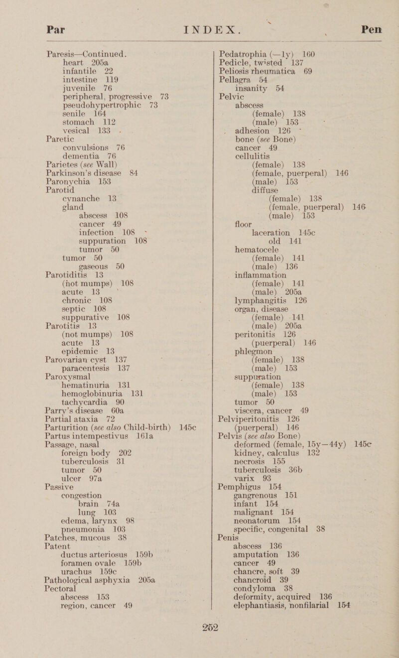  Paresis—Continued. heart 205a infantile 22 intestine 119 juvenile 76 peripheral, progressive 73 pseudohypertrophic 73 senile 164 stomach 112 vesical 133 Paretic convulsions 76 dementia 76 Parietes (see Wall) Parkinson’s disease 84 Paronychia 153 ~ Parotid cynanche 13 gland abscess 108 cancer 49 infection 108 ~- suppuration 108 tumor 50 tumor 50 gaseous 50 Parotiditis 13 (not mumps) 108 acute 13 chronic 108 septic 108 suppurative 108 Parotitis 13 (not mumps) 108 acute 13 epidemic 13 Parovarian cyst 137 paracentesis 137 Paroxysmal hematinuria 131 hemoglobinuria 131 tachycardia 90 Parry’s disease 60a Partial ataxia 72 Parturition (see also Child-birth) 145ce Partus intempestivus l6la Passage, nasal foreign body 202 tuberculosis 31 tumor 50 ulcer 97a Passive congestion brain 74a lung 103 edema, larynx 98 pneumonia 103 Patches, mucous 38 Patent ductus arteriosus 159b foramen ovale 159b urachus 159c Pathological asphyxia 205a Pectoral abscess 153 region, cancer 49  Pedatrophia (—ly) 160 Pedicle, twisted 137 Peliosis rheumatica 69 Pellagra 54 insanity 54 | Pelvic abscess (female) 138 (male) 153 adhesion 126 bone (see Bone) | cancer 49 cellulitis (female) 138 7 (female, puerperal) 146 (male) 153 ~ diffuse (female) 138 (female, puerperal) 146 (male) 153 floor laceration 145c old 141 hematocele (female) 141 (male) 136 inflammation (female) 141 (male) 205a lymphangitis 126 organ, disease (female) -141 (male) 205a peritonitis 126 (puerperal) 146 phlegmon (female) 138 (male) 153 suppuration (female) 138 (male) 153 tumor 50 viscera, cancer 49 Pelviperitonitis 126 (puerperal) 146 Pelvis (see also Bone) deformed (female, lby—44y) 145c kidney, calculus 132 necrosis 155 | tuberculosis 36b varix 93 Pemphigus 154 gangrenous 1dl1 infant 154 malignant 154 neonatorum 154 specific, congenital 38 Penis abscess 136 amputation 136 cancer 49 chancre, soft 39 chancroid 39 condyloma 38 . deformity, acquired 136 elephantiasis, nonfilarial 154