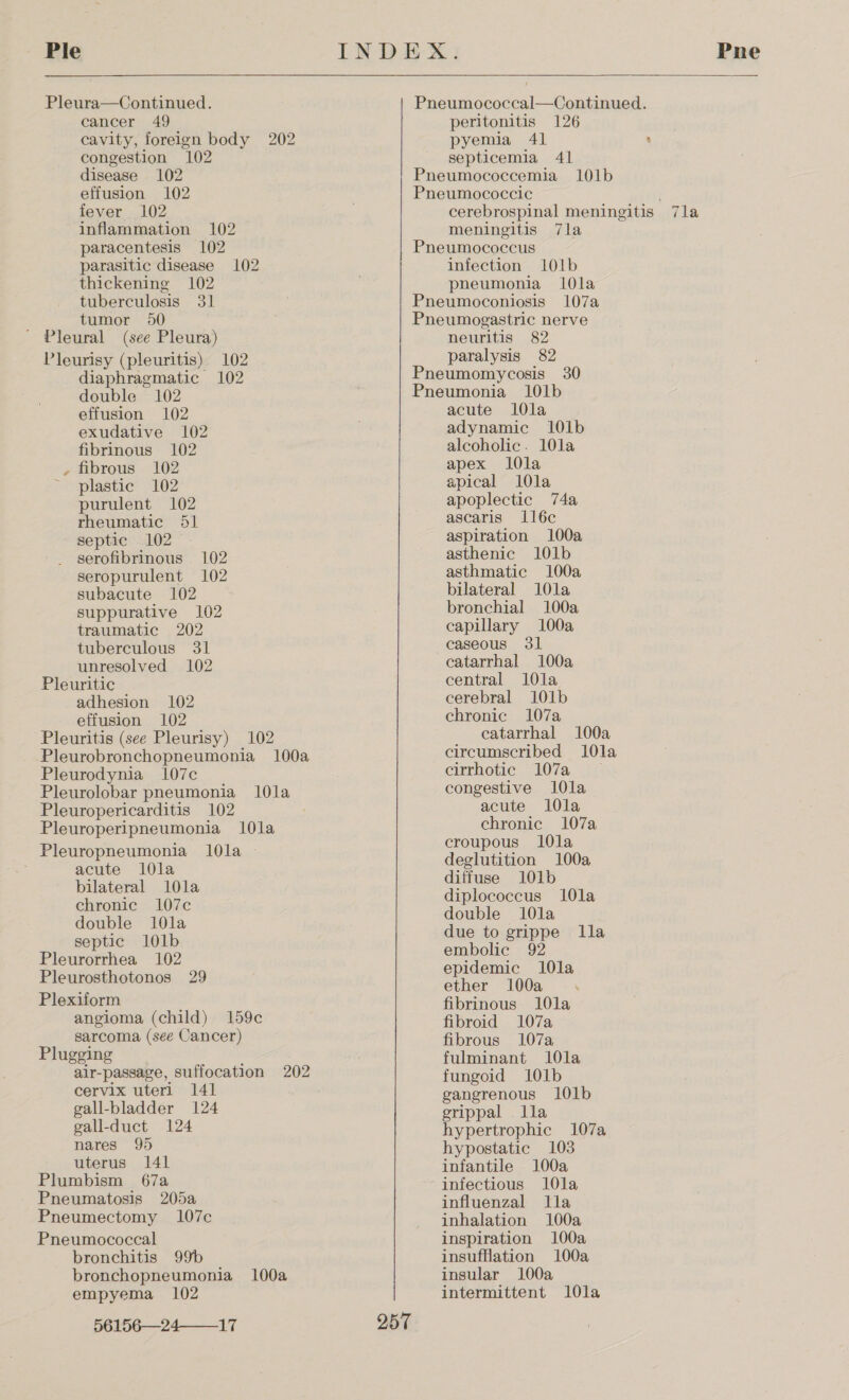 Pleura—Continued. cancer 49 cavity, foreign body 202 congestion 102 disease 102 effusion 102 fever 102 inflammation 102 paracentesis 102 parasitic disease 102 thickening 102 tuberculosis 31 tumor 50 ' Pleural (see Pleura) Pleurisy (pleuritis) 102 diaphragmatic 102 double 102 effusion 102 exudative 102 fibrinous 102 fibrous 102 &gt; plastie™ 162 purulent 102 rheumatic 51 septic 102 serofibrinous 102 seropurulent 102 subacute 102 suppurative 102 traumatic 202 tuberculous 31 unresolved 102 Pleuritic adhesion 102 effusion 102 Pleuritis (see Pleurisy) 102 Pleurobronchopneumonia 100a Pleurodynia 107c Pleurolobar pneumonia 10la Pleuropericarditis 102 Pleuroperipneumonia 10la Pleuropneumonia 1l0la — acute l10la bilateral 10la chronic 107c double 10la septic 101b Pleurorrhea 102 Pleurosthotonos 29 Plexiform angioma (child) 159c sarcoma, (see Cancer) Plugging air-passage, suffocation 202 cervix uteri 141 gall-bladder 124 gall-duct 124 nares 995 uterus 141 Plumbism 67a Pneumatosis 205a Pneumectomy 107c Pneumococcal bronchitis 9b bronchopneumonia 100a empyema 102 96156—24-_17 4  Pneumococcal—Continued. peritonitis 126 pyemia 41 : septicemia 41 Pneumococcemia 101b Pneumococcic cerebrospinal meningitis 7la meningitis 7la Pneumococcus infection 101b pheumonia 10la Pneumoconiosis 107a Pneumogastric nerve neuritis 82 paralysis 82 Pneumomycosis 30 Pneumonia 101b acute l0la adynamic 101b alcoholic. 10la apex 10la apical 10la apoplectic 74a ascaris ll6c aspiration 100a asthenic 101b asthmatic 100a bilateral 101la bronchial 100a capillary 100a caseous 31 catarrhal 100a central 10la cerebral 101b chronic 107a catarrhal 100a circumscribed 10la cirrhotic 107a congestive 10la acute 10la chronic 107a croupous 10la deglutition 100a diffuse 101b diplococcus 10la double 10la due to grippe lla embolic 92 epidemic 10la ether 100a fibrinous 10la fibroid 107a fibrous 107a fulminant 10la fungoid 101b gangrenous 101b erippal . lla hypertrophic 107a hypostatic 103 infantile 100a ~ infectious 10la influenzal lla inhalation 100a inspiration 100a insufflation 100a insular 100a intermittent 10la 257