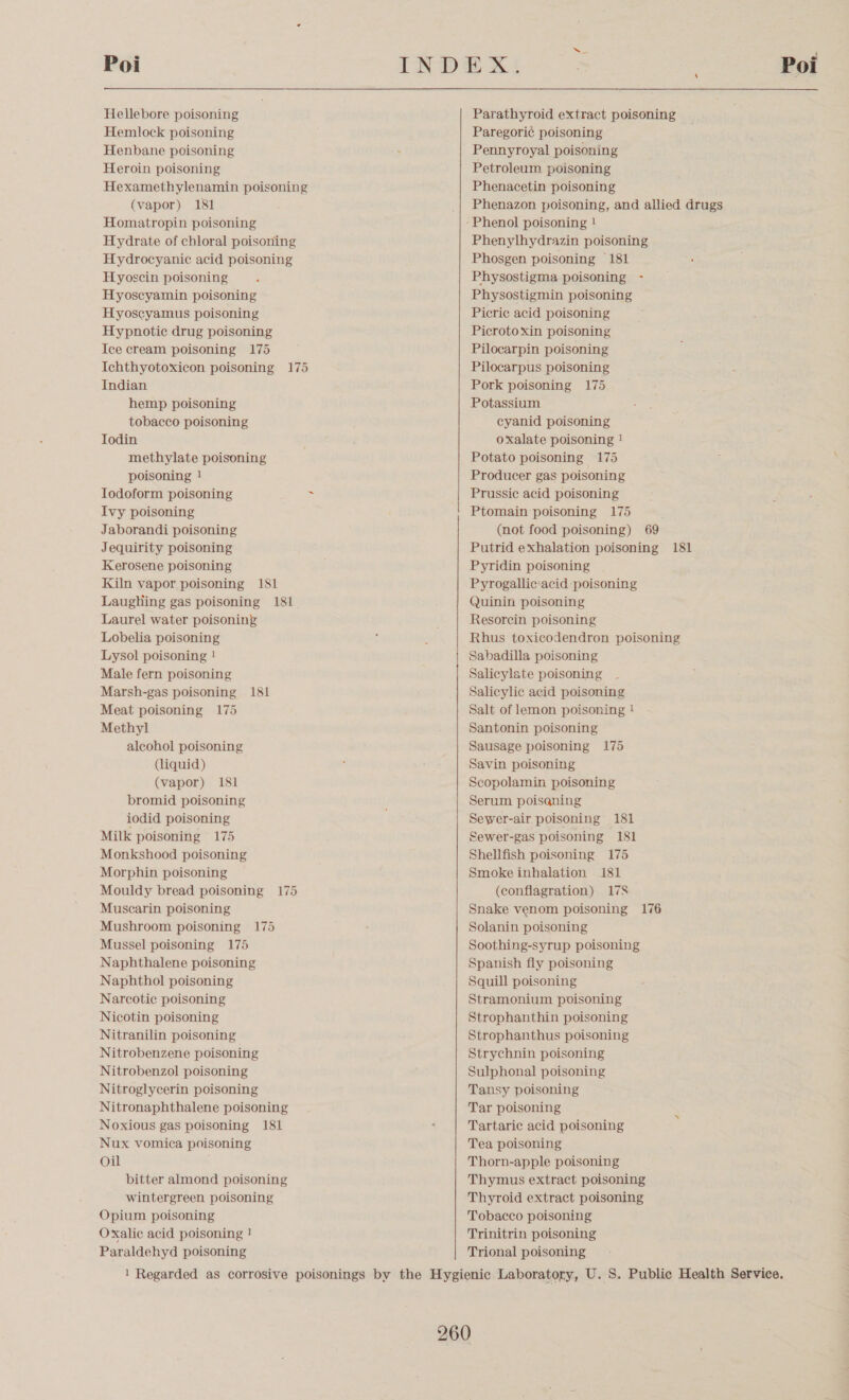 Hemlock poisoning Henbane poisoning Heroin poisoning Hexamethylenamin poisoning (vapor) 181 Homatropin poisoning Hydrate of chloral poisoning Hydrocyanic acid poisoning Hyoscin poisoning : Hyoscyamin poisoning Hyoscyamus poisoning Hypnotic drug poisoning Ice cream poisoning 175 Ichthyotoxicon poisoning 175 Indian hemp poisoning tobacco poisoning Todin methylate poisoning poisoning 1! lIodoform poisoning : Ivy poisoning Jaborandi poisoning Jequirity poisoning Kerosene poisoning Kiln vapor poisoning 181 Laughing gas poisoning 181 Laurel water poisoning Lobelia poisoning Lysol poisoning 1 Male fern poisoning Marsh-gas poisoning 181 Meat poisoning 175 Methyl alcohol poisoning (liquid) (vapor) 181 bromid poisoning iodid poisoning Milk poisoning 175 Monkshood poisoning Morphin poisoning Mouldy bread poisoning 175 Muscarin poisoning Mushroom poisoning 175 Mussel poisoning 175 Naphthalene poisoning Naphthol poisoning Narcotic poisoning Nicotin poisoning Nitranilin poisoning Nitrobenzene poisoning Nitrobenzol poisoning Nitroglycerin poisoning Nitronaphthalene poisoning Noxious gas poisoning 181 Nux vomica poisoning Oil bitter almond poisoning wintergreen poisoning Opium poisoning Oxalic acid poisoning ! Paraldehyd poisoning  Paregori¢ poisoning Pennyroyal poisoning Petroleum poisoning Phenacetin poisoning Phenazon poisoning, and allied drugs Phenylhydrazin poisoning Phosgen poisoning 181 Physostigma poisoning - Physostigmin poisoning Picric acid poisoning Picroto xin poisoning Pilocarpin poisoning Pilocarpus poisoning Pork poisoning 175 Potassium cyanid poisoning oxalate poisoning ! Potato poisoning 175 Producer gas poisoning Prussic acid poisoning Ptomain poisoning 175 (not food poisoning) 69 Putrid exhalation poisoning 181 Pyridin poisoning Pyrogallic:acid poisoning Quinin poisoning Resorcin poisoning Rhus toxicodendron poisoning Sabadilla poisoning Salicylate poisoning Salicylic acid poisoning Salt of lemon poisoning 1! Santonin poisoning Sausage poisoning 175 Savin poisoning Scopolamin poisoning Serum poisqning Sewer-air poisoning 181 Sewer-gas poisoning 181 Shellfish poisoning 175 Smoke inhalation 181 (conflagration) 178 Snake venom poisoning 176 Solanin poisoning Soothing-syrup poisoning Spanish fly poisoning Squill poisoning Stramonium poisoning Strophanthin poisoning Strophanthus poisoning Strychnin poisoning Sulphonal poisoning Tansy poisoning Tar poisoning Tartaric acid poisoning Tea poisoning Thorn-apple poisoning Thymus extract poisoning Thyroid extract poisoning Tobacco poisoning Trinitrin poisoning Trional poisoning