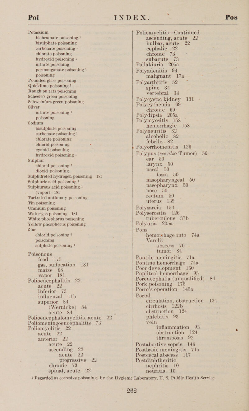  Potassium bichromate poisoning ! bisulphate poisoning carbonate poisoning ! chlorate poisoning hydroxid poisoning ! nitrate poisoning permanganate poisoning ! poisoning Pounded glass poisoning Quicklime poisoning 1 Rough on rats poisoning Scheele’s green poisoning Schweinfurt green poisoning Silver nitrate poisoning 1 poisoning Sodium bisulphate poisoning carbonate poisoning ! chlorate poisoning . chlorid poisoning ~ cyanid poisoning hydroxid poisoning ! Sulphur chlorid poisoning 1! dioxid poisoning Sulphureted hydrogen poisoning 181 Sulphuric acid poisoning 1 Sulphurous acid poisoning ! (vapor) 181 Tartrated antimony poisoning Tin poisoning Uranium poisoning Water-gas poisoning 181 White phosphorus poisoning Yellow phosphorus poisoning Zine chlorid poisoning ! poisoning sulphate poisoning ! Poisonous food 175 gas, suffocation 181 maize 68 vapor 181 Polioencephalitis 22 acute 22 inferior 73 influenzal Ilb superior 84 (Wernicke) 84 acute 84 Polioencephalomyelitis, acute 22 Poliomeningoencephalitis 73 Poliomyelitis 22 acute 22 anterior 22 acute 22 ascending 22 acute 22 progressive 22 chronic 73 spinal, acute . 22 Poliom yelitis—Continued. ascending, acute 22 bulbar, acute 22 cephalic 22 chronic 73 : subacute 73 Polyadenitis 94 malignant 17a Polyarthritis 52 spine 34 vertebral 34 Polycystic kidney 131 Polycythemia 69 chronic 69 Polydipsia 205a Polymyositis 158 hemorrhagic 158 Polyneuritis ~82 _- alcoholic 82 febrile.. 82 Polyorrhomenitis 126 Polypus (see also Tumor) 50 ear 450 larynx 50 nasal 50 fossa 50 nasopharyngeal 50 nasopharynx 950 nose 50 rectum 50 uterus 139 Polysarcia 154 Polyserositis 126 tuberculous 37b Polyuria 205a Pons hemormhage into 74a Varolii abscess 70 tumor 84 Pontile meningitis 7la Pontine hemorrhage 74a Poor development 160 Popliteal hemorrhage 95 Porencephalia (unqualified) 84 Pork poisoning 175 Porro’s operation 145a Portal circulation, obstruction 124 cirrhosis 122b ~ obstruction 124 phlebitis 93 vein inflammation 93 obstruction 124 thrombosis 92 Postabortive sepsis 146 Postbasic meningitis 7la Postcecal abscess 117 Postdiphtheritic nephritis 10 neuritis. 10