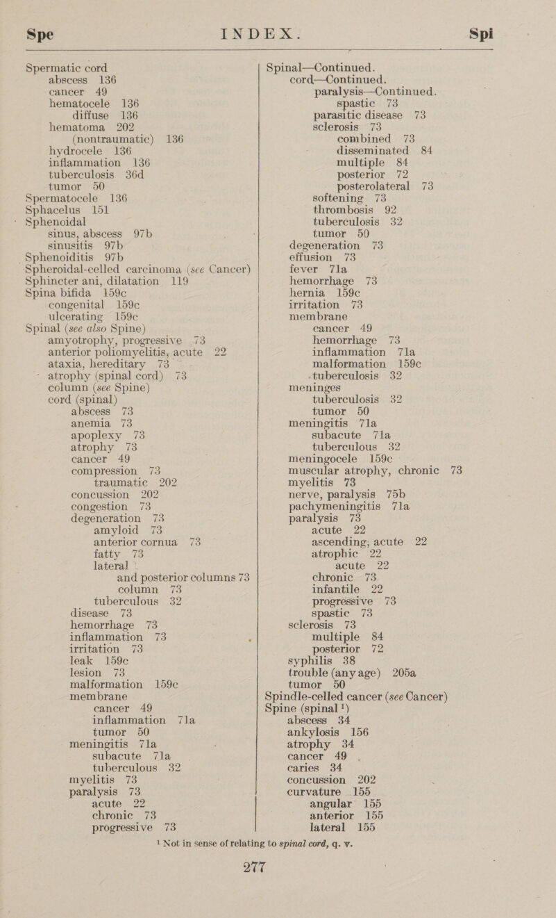 Spermatic cord abscess 136 cancer 49 hematocele 136 diffuse 136 hematoma 202 (nontraumatic) 136 hydrocele 136 inflammation 136 tuberculosis 36d tumor 50 Spermatocele 136 Sphacelus 151 * Sphenoidal sinus, abscess 97b sinusitis 97b Sphenoiditis 97b ‘Spheroidal-celled carcinoma, (see Cancer) Sphincter ani, dilatation 119 Spina bifida 159c congenital 159c ulcerating 159¢ Spinal (see also Spine) amyotrophy, progressive .73 anterior poliomyelitis, acute 22 ataxia, hereditary 73 ~ ~ atrophy (spinal cord) 73 column (see Spine) cord (spinal) abscess 73 anemia 73 apoplexy 73 atrophy 73 cancer 49 compression 73 traumatic 202 concussion 202 congestion 73 degeneration 73 amyloid 73 anterior cornua 73 fatty. = £5 lateral and posterior columns 73 column 73 tuberculous 32 disease 73 hemorrhage 73 inflammation 73 irritation 73 leak 159c lesion 73 malformation 159c membrane cancer 49 inflammation 7la tumor 50 meningitis 7la subacute 7la tuberculous 32 myelitis 73 paralysis 73 acute 22 chronic 73 progressive 73   cord—Continued. paralysis—Continued. spastic 73 parasitic disease 73 sclerosis 73 combined 73 disseminated 84 multiple 84 posterior 72 posterolateral 73 softening 73 thrombosis 92 tuberculosis 32 tumor 50 degeneration 73 effusion 73 fever 7la hemorrhage 73 hernia 159c irritation 73 membrane cancer 49 hemorrhage 73 inflammation 7la malformation 159c -tuberculosis 32 meninges tuberculosis 32 tumor 50 meningitis 7la subacute 7la tuberculous 32 meningocele 159c muscular atrophy, chronic 73 myelitis 73 nerve, paralysis 75b pachymeningitis 7la paralysis 73 acute 22 ascending; acute 22 atrophic 22 acute 22 chronic 73 infantile 22 progressive 73 spastic 73 sclerosis 73 multiple 84 posterior 72 syphilis 38 trouble (anyage) 205a tumor 950 abscess 34 ankylosis 156 atrophy 34 cancer 49 caries 34 concussion 202 curvature .155 angular 155 anterior 155 lateral 155