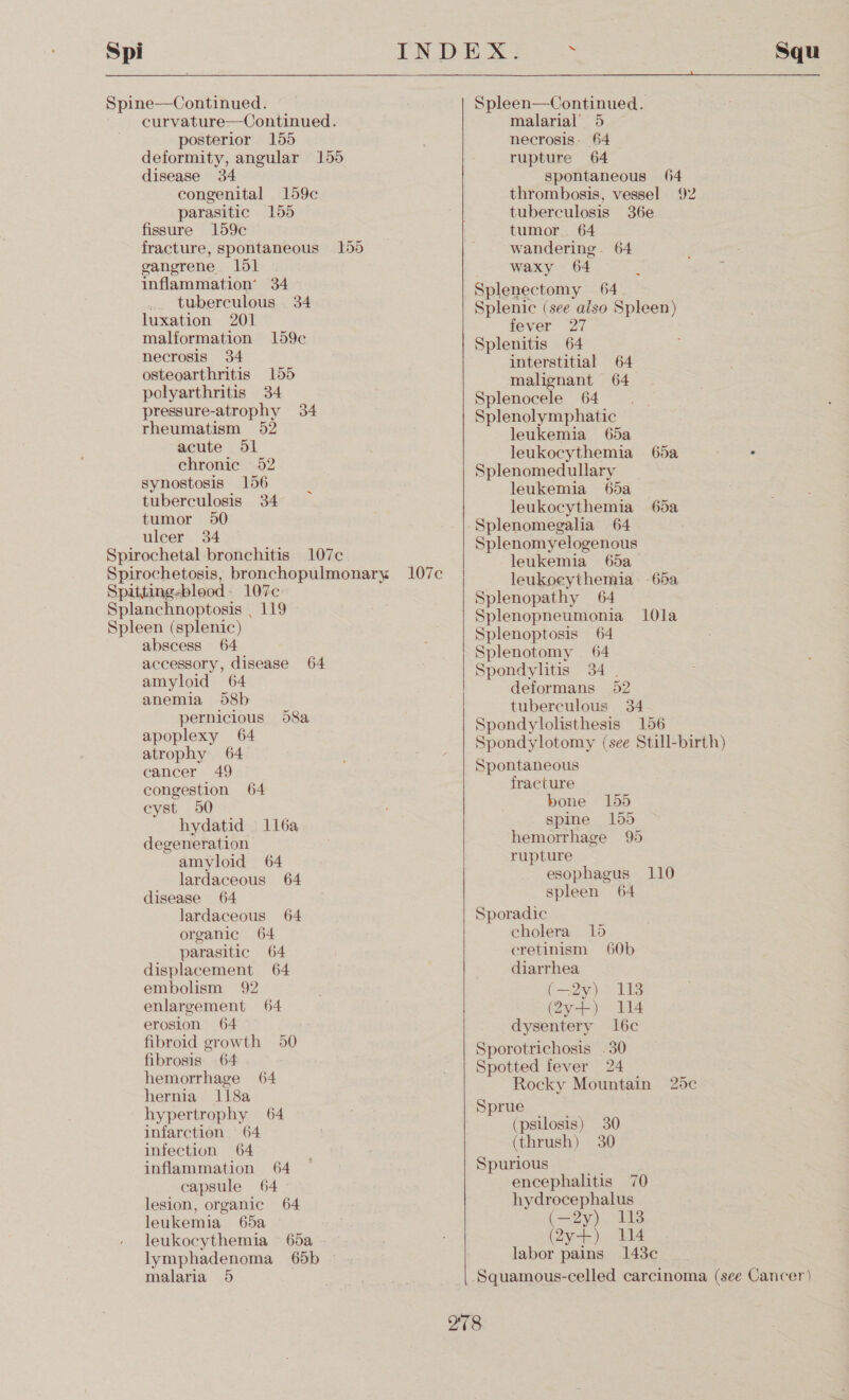  Spine—Continued. curvature—Continued. posterior 155 deformity, angular 155 disease 34 congenital 159c parasitic 155 fissure 159c fracture, spontaneous 155 gangrene 151 inflammation’ 34 _. tuberculous 34 luxation 201 malformation 159c necrosis 34 osteoarthritis 155 polyarthritis 34 pressure-atrophy 34 rheumatism 52 acute 51 chronic 52 synostosis 156 tuberculosis 34 tumor 50 ulcer 34 Spirochetal bronchitis 107c Spirochetosis, bronchopulmonary 107c Spitting-bleod: 107¢ Splanchnoptosis , 119 Spleen (splenic) abscess 64 accessory, disease 64 amyloid 64 anemia d8b pernicious 58a apoplexy 64 atrophy 64 cancer 49 congestion 64 cyst 50 hydatid 116a degeneration amyloid 64 lardaceous 64 disease 64 lardaceous 64 organic 64 parasitic 64 displacement 64 embolism 92 enlargement 64 erosion 64 fibroid growth 50 fibrosis 64 hemorrhage 64 hernia 118a hypertrophy 64 infarction 64 infection 64 inflammation 64 capsule 64 lesion, organic 64 leukemia 65a leukocythemia 65a lymphadenoma 65b malaria 5 Spleen—Continued. malarial’ 5 — necrosis- 64 rupture 64 spontaneous 64 thrombosis, vessel 2 tuberculosis 36e tumor. 64 wandering. 64 waxy 64 Splenectomy 64 Splenic (see also Spleen) fever 27 Splenitis 64 interstitial 64 malignant 64 Splenocele 64 Splenolymphatic leukemia 65a leukocythemia 65a ste Splenomedullary leukemia 65a leukocythemia 65a Splenomegalia 64 Splenomyelogenous leukemia 65a leukoeythemia: -65a Splenopathy 64 Splenopneumonia 10la Splenoptosis 64 Splenotomy 64 Spondylitis 34 | deformans 52 tuberculous 34 Spondylohsthesis 156 Spondylotomy (see Still-birth) &lt;  Spontaneous fracture bone 155 spine 155 hemorrhage 95 rupture esophagus 110 spleen 64 Sporadic cholera 15 cretinism 60b  diarrhea (oe) 149 (2y+) 114 dysentery l16c Sporotrichosis . 30 Spotted fever 24 Rocky Mountain 25c Sprue (psilosis) 30 (thrush) 30 Spurious encephalitis 70 hydrocephalus (—2y) 118 (2y-+) 114 labor pains 1438¢c ‘Squamous-celled carcinoma (see Cancer) 