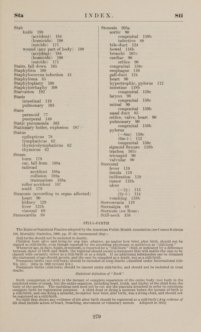 Sta ‘Stab knife 198 (accident) 184 (homicide) | 198 (suicide) 171 wound (any part of body) 198 (accident) “184 (homicide) 198 (suicide) 171 Stairs, falldown 185 Staphylitis 108 Staphylococcus infection 41 Staphyloma 85 Staphyloplasty 108 Staphylorrhaphy 108 Starvation 192 Stasis intestinal 119 pulmonary 103 State paranoid 77 puerperal 149 Static pneumonia. 103 , Stationary boiler, explosion » 187 © Status epilepticus 78 lymphaticus 62 thymicolymphaticus 62 thymicus 62 congenital 159b infective 88 bile-duct 124 bowel 118b bronchi 107c cardiac 90 orifice 90 congenital 159c esophagus 110 gall-duct 124 heart 90 hypertrophic, pylorus 112 intestine 118b congenital 159c larynx 98 congenital 159c mitral 90 congenital 159b nasal duct 85 orifice, valve, heart 90 pulmonary 90 congenital 159b pylorus (—6m) 159c (6m+) 112 congenital 159c sigmoid flexure 118b trachea 107c Steam tricuspid 90 burn 179: valvular 90 car, fall from 188a Stercoral railroad fever 119 accident 188a fistula 119 collision 188a infiltration 119 traumatism 188a tumor 118b : roller accident 187 ulcer scald 179 (—2y) 113 Steatosis (according to organ affected) (2y+) 114 heart 90 vomiting 118b kidney 129 Stercoremia 119 liver 122b Sternalgia 89 visceral 69 Sternum (see Bone) Stenocardia 89 Stiff-neck 158 - STILL-BIRTH The Rules of Statistical Practice adopted by the American Public Health Association (see Census Bulletin 108, Mortality Statistics, 1909, pp. 37-42) recommend that— Still-births should not be included in deaths. Children born alive and living for any time whatever, no matter how brief, after birth, should not be classed as still-births, even though reported by the attending physicians or midwives as ‘‘still-born.’’ Whenever age, in days, hours, orminutés, is reported for a ‘‘still-born’’ child, or indicated by a difference between dates of birth and death, the registrar should secure a statement that will enable the case to be classed with certainty either as a still-birth or as a death. If no additional information can be obtained the statement of age should govern, and the case be compiled as a death, not as a still-birth. Premature births (not still-born) should be included in total deaths (classified under International title No. 151). [161a in 1920 revised list.] . Peete births (still-born) should be classed under still-births, and should not be included in total eaths. Statistical definition of ‘‘ Birth”’ Birth (completion of birth) is the instant of complete separation of the entire body (not body in the restricted sense of trunk, but the entire organism, including head, trunk, and limbs) of the child from the body of the mother. The umbilical cord need not be cut nor the placenta detached in order to constitute complete birth for registration purposes. A child dead or dying a moment before the instant of birth is a still-birth, and one dying a moment, no matter how brief, after birth, was a living child, and should not be registered as a still-birth. No child that shows any evidence of life after birth should be registered.as a still-birth [A ny evidence of life shall include action of heart, breathing, movement of voluntary muscle. Adopted in 1913].