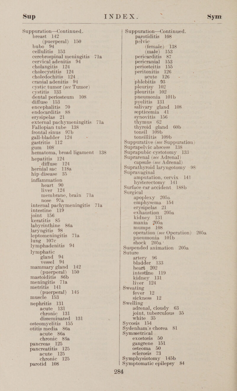   Sup Suppuration—Continued. breast 142 (puerperal) 150 bubo 94 cellulitis 153 cerebrospinal meningitis 7la cervical adenitis 94 cholangitis 124 cholecystitis 124 choledochitis 124 cranial adenitis 94 cystic tumor (see Tumor) cystitis 133 dental periosteum 108 diffuse 153 encephalitis. 70 endocarditis 88 erysipelas 21 external pachymeningitis. 7la Fallopian tube 138 frontal sinus 97b gall-bladder 124 . gastritis 112 gum 108 hematoma, broad ligament 138 hepatitis 124 diffuse 124 hernial sac 118a hip disease 35 ° inflammation heart 90 liver 124 membrane, brain 7la nose 97a internal pachymeningitis 7la intestine 119 joint 156 keratitis 85 labyrinthine 86a laryngitis 98 leptomeningitis 7la lung 107c lymphadenitis 94 lymphatic gland 94 vessel 94 mammary gland 142 (puerperal) 150 mastoiditis 86b meningitis 7la metritis 141 (puerperal) 146 muscle 153 nephritis 131 acute 131 chronic 131 disseminated 131 osteomyelitis 155 otitis media 86a acute 86a chronic 86a pancreas 125 pancreatitis 125 acute 125 chronic 125 parotid 108 Suppuration—Continued. parotiditis 108 Sei ; (female) 138 (male) 153 pericarditis 87 pericranial 153 _periosteitis 155 peritonitis 126 ; acute 126 phlebitis 93 pleurisy 102 pleuritis 102 pneumonia 1l01b pyelitis 131 salivary gland 108 septicemia a¥ as synovitis 156 thymus 62 thyroid -gland 60b tonsil. 109b tonsillitis 109b Suppurative (see Suppuration) Suprapelvic abscess 138 Suprapubic cystotomy 133 Suprarenal (see Adrenal) capsule (see Adrenal) Suprathyroid laryngotomy 98 Supravaginal amputation, cervix 141 hysterectomy 141 Surface car accident. 188b Surgical apoplexy 205a emphysema 154 erysipelas 21 exhaustion 205a kidney 131 mania 205a mumps 108 operation (see Operation) pneumonia 101b shock 205a° Suture artery 96 bladder 133 heart 202 intestine 119 kidney 131 liver 124 Sweating fever 12 sickness 12 Swelling adrenal, cloudy 63 joint, tuberculous 35 white 35 Sycosis 154 Sydenham’s chorea 81 Symmetrical exostosis 50 gangrene ldl osteoma 50 sclerosis 73 Symphysiotomy 145b Symptomatic epilepsy 84 205a