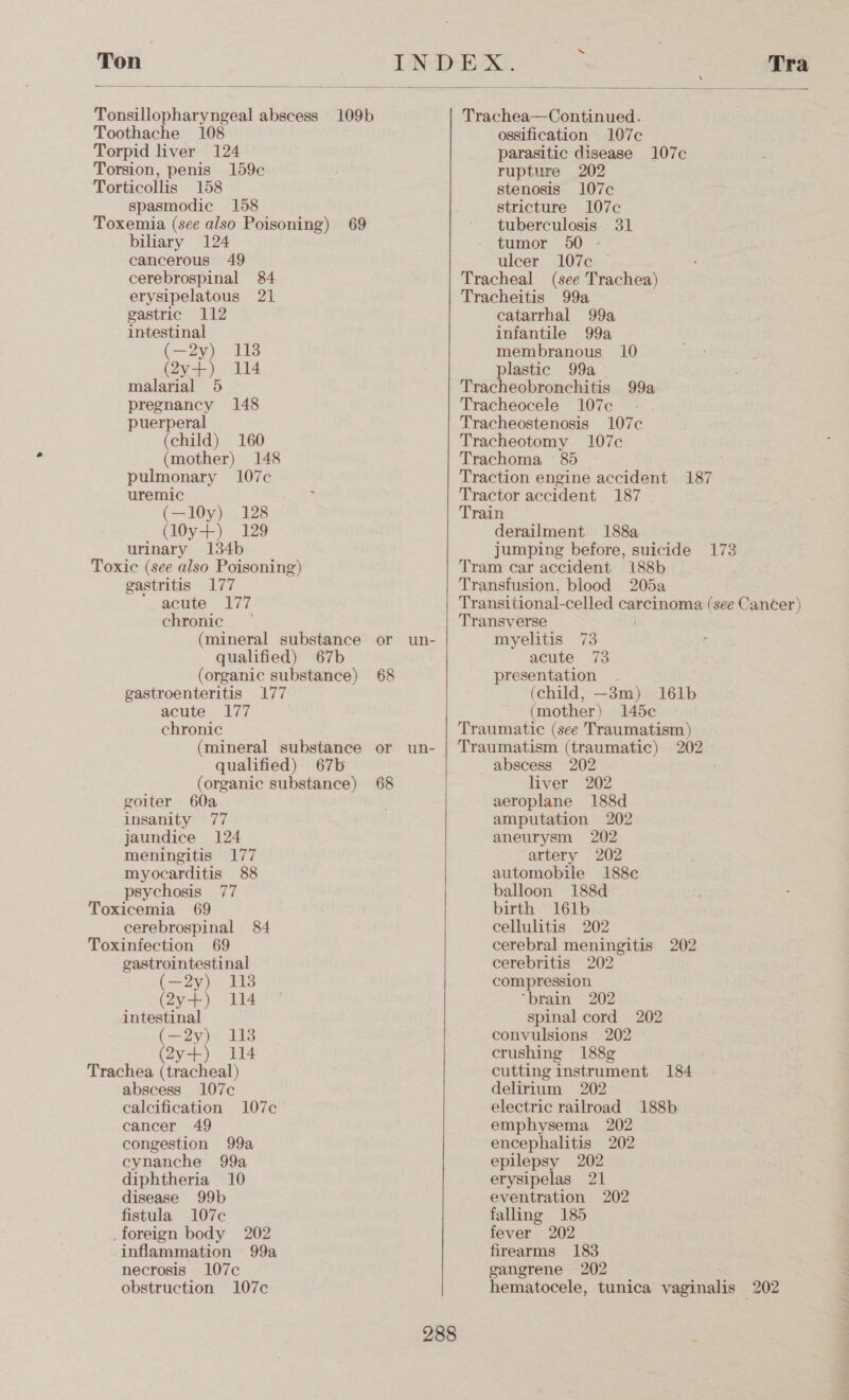 Ton | Tra  Tonsillopharyngeal abscess 109b Toothache 108 Torpid liver 124 Torsion, penis 159c Torticollis 158 spasmodic 158 Toxemia (see also Poisoning) 69 biliary 124 cancerous 49 cerebrospinal 84 erysipelatous 21 gastric 112 intestinal (—2y) 113 (2yq-)): 114 malarial 5 pregnancy 148 puerperal (child) 160 (mother) 148 pulmonary 107c uremic (—10y) 128 (l0y+) 129 urinary 134b Toxic (see also Poisoning) gastritis 177 acute 177 chronic | (mineral substance or un- qualified) 67b (organic substance) 68 gastroenteritis 177 acute 177 chronic (mineral substance or un- qualified) 67b (organic substance) 68 goiter 60a insanity 77 jaundice 124 meningitis 177 myocarditis 88 psychosis 77 Toxicemia 69 cerebrospinal 84 Toxinfection 69 gastrointestinal (=oy\. 108 (2ya-)- V4 intestinal (—2y)- 118 (ay +). 114 Trachea (tracheal) abscess 107c calcification 107¢ cancer 49 congestion 99a cynanche 99a diphtheria 10 disease 99b fistula 107c _foreign body 202 inflammation 99a necrosis l07c obstruction 107c   Trachea—Continued. ossification 107c parasitic disease 107c rupture 202 stenosis 107c stricture 107c tuberculosis 31 tumor 50 ulcer 107c Tracheal (see Trachea) Tracheitis 99a catarrhal 99a infantile 99a membranous 10 plastic 99a Tracheobronchitis Tracheocele 107c Tracheostenosis 107c Tracheotomy 107c Trachoma 85 Traction engine accident 187 Tractor accident 187 - Train derailment 188a jumping before, suicide 173 Tram car accident 188b Transfusion, blood 205a Transitional-celled carcinoma (see Cancer) Transverse i myelitis 73 99a, acute 73 presentation - (child, —3m) 161b (mother) 145c¢ Traumatic (see Traumatism) Traumatism (traumatic) 202 abscess 202 liver 202 aeroplane 188d amputation 202 aneurysm 202 artery 202 automobile 188c balloon 188d birth 161b cellulitis 202 cerebral meningitis 202 cerebritis 202 compression “brain 202 spinal cord 202 convulsions 202 crushing 188¢ cutting instrument 184 delirium 202 electric railroad 188b emphysema 202 encephalitis 202 epilepsy 202 erysipelas 21 eventration 202 falling 185 fever 202 firearms 183 gangrene 202 hematocele, tunica vaginalis 202