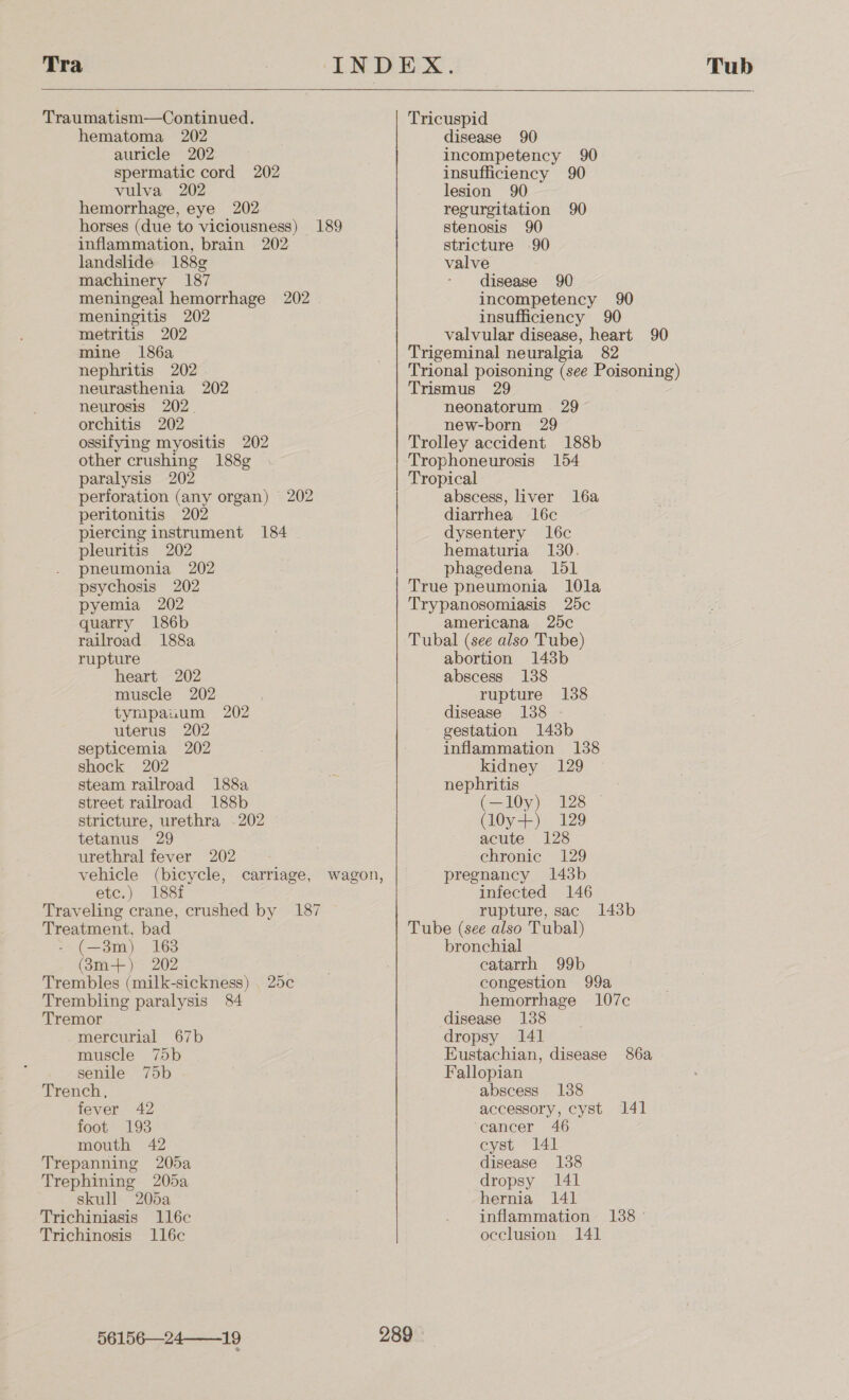   Tra INDEX. Tub Traumatism—Continued. Tricuspid hematoma 202 disease 90 auricle 202 spermatic cord 202 vulva 202 hemorrhage, eye 202 horses (due to viciousness) 189 inflammation, brain 202 landslide 188¢ machinery 187 meningeal hemorrhage 202 meningitis 202 metritis 202 mine 186a nephritis 202 neurasthenia 202 neurosis 202. orchitis 202 ossifying myositis 202 other crushing 188¢ paralysis 202 perforation (any organ) peritonitis 202 piercing instrument 184 pleuritis 202 pheumonia 202 psychosis 202 pyemia 202 quarry 186b railroad 188a rupture heart 202 muscle 202 tympanum 202 uterus 202 septicemia 202 shock 202 steam railroad 188a street railroad 188b stricture, urethra .202 tetanus 29 urethral fever 202 vehicle (bicycle, carriage, wagon, etc.) 188f Traveling crane, crushed by 187 Treatment, bad (—3m) 163 (8m+) 202 Trembles (milk-sickness) | 25c Trembling paralysis 84 Tremor mercurial 67b muscle 75b senile 75b Trench, fever 42 foot 193 mouth 42 Trepanning 205a Trephining 205a skull 205a Trichiniasis 116c Trichinosis 116c 202 56156—24—19 incompetency 90 insufficiency 90 lesion 90 regurgitation 90 stenosis 90 stricture 90 valve disease 90 incompetency 90 insufficiency 90 valvular disease, heart 90 Trigeminal neuralgia 82 Trional poisoning (see Poisoning) Trismus 29 neonatorum 29 new-born 29 Trolley accident 188b Trophoneurosis 154 Tropical abscess, liver l6a diarrhea 16c dysentery l6c hematuria 130. phagedena 151 True pneumonia 10la Trypanosomiasis 2c americana 25c Tubal (see also Tube) abortion 148b abscess 138 rupture 138 disease 138 - gestation 143b inflammation 138 kidney 129 nephritis (—10y) 128 © (l0y+) 129 acute 128 chronic 129 pregnancy 143b infected 146 rupture, sac 143b Tube (see also Tubal) bronchial catarrh 99b congestion 99a hemorrhage 107c disease 138 dropsy 141 Eustachian, disease 86a Fallopian abscess. 138 accessory, cyst 141 cancer 46 cyst 141 disease 138 dropsy 141 hernia 141 inflammation 138 ° occlusion 141