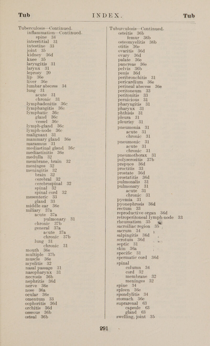 Tuberculosis—Continued. inflam mation—Continued. spine 34 interstitial 31 intestine 33 joint 35 kidney 36d knee 35 laryngitis 31 larynx 31 leprosy 20 lip 36e liver 36e lumbar abscess 34 lung 31 acute 31 chronic 31 lymphadenitis 36c lymphangitis 36c lymphatic 36c gland 36c vessel 36c lymph-gland 36c lymph-node 36c malignant 31 mammary gland 36e marasmus 31 mediastinal gland 36c mediastinitis 36e medulla 32 membrane, brain 32 meninges 32 meningitis 32 brain 32 cerebral 32 cerebrospinal 32 spinal | 32 spinal cord 32 mesenteric 33 gland 33 middle ear 36e miliary 37a ~ acute 37a pulmonary 31 chronic 37b general 37a acute 37a chronic -37b lung: 31 chronic 31 mouth 36e multiple 37b muscle 36e myelitis 32 nasal passage 31 nasopharynx 31 necrosis 36b nephritis 36d nerve 36e nose 36a ocular 36e omentum 33 oophoritis 36d orchitis 36d osseous 36b osteal 36b 291 osteitis 36b femur 36b osteomyelitis 36b otitis 36e ovaritis 36d ovary 36d palate 36e pancreas 36e pelvis 36b penis 386d peribronchitis 31 pericardium 36e perineal abscess 36¢e peritoneum 33 peritonitis 33 pernicious 31 pharyngitis 31 pharynx 31. phthisis 31 pleura 31 pleurisy 31 pneumonia 31 acute 31 chronic 31 pneumonic 31 acute 31 chronic &lt; 3154) pneumothorax 31 polyserositis 37b prepuce 36d proctitis 33 prostate 36d prostatitis 36d pulmonalis 31 pulmonary 31 acute 31 chronic 31 : pyemia 31 pyonephrosis 36d rectum 33 reproductive organ 36d retroperitoneal lymph-node 33 rheumatism 35 ag sacroiliac region 35 , sacrum 34 \ salpingitis 36d,  scrotum 36d septic 31 skin 36a specific 31 spermatic cord 36d spinal column 34 cord 32 membrane 32 meninges 32 spine 34 spleen 36e spondylitis 34 stomach 36e suprarenal 63 capsule 63 gland 63 swelling, joint 35 fe