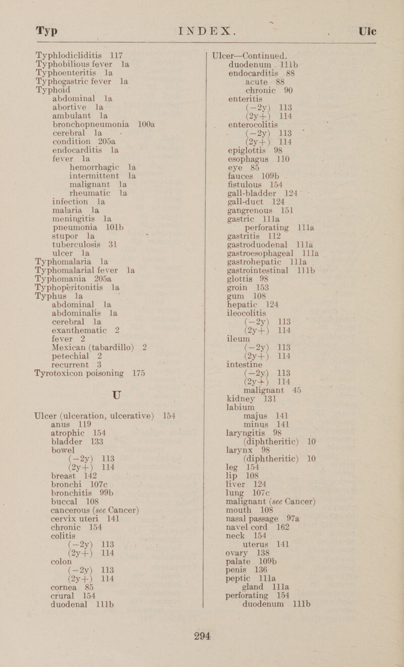 Typ Typhlodicliditis 117 Typhobilious fever la Typhoenteritis la Typhogastric fever la Typhoid abdominal la abortive la ambulant la bronchopneumonia 100a cerebral la condition 205a endocarditis la fever la hemorrhagic la intermittent la malignant la rheumatic la infection la malaria la meningitis la pneumonia 101b stupor la tuberculosis 31 ulcer la Typhomalaria la Typhomalarial fever la Typhomania 205a Typhoperitonitis la Typhus la abdominal la abdominalis la cerebral la exanthematic 2 fever 2 Mexican (tabardillo) 2 petechial 2 recurrent 3 Tyrotoxicon poisoning 175 U Ulcer (ulceration, ulcerative) 154 anus 119 atrophic 154 bladder 133 bowel (—2y) 113 (2y--) 14 breast 142 bronchi 107c bronchitis 99b buccal 108 cancerous (see Cancer) cervix uteri 141 chronic 154 colitis (—2y) 118 (2y+) 114 colon (—2y) 113 (2y+) 114 cornea 85 crural 154 duodenal lllb Ule 294. duodenum. llib endocarditis 8&amp;8 acute 88 chronic 90 enteritis (—2y) 113 (2y-), 114 enterocolitis (—2y) 113 (2y+) 114 epiglottis 98 esophagus 110 eye 85 fauces 109b ~ fistulous 154 gall-bladder 124° - gall-duct 124 gangrenous I1d5l1 gastric Illa ' perforating Illa gastritis 112 gastroduodenal Illa gastroesophageal llla gastrohepatic lila gastrointestinal 1J1b glottis 98 groin 153 gum 108 hepatic 124 ileocolitis (—2y) 113- (2y+) 114 ileum (—2y) 113 (2) I intestine (—2y) 118 (2y+) 114 malignant 45 kidney 131 labium majus 14] minus 141 laryngitis 98 (diphtheritic) 10 larynx 98 (diphtheritic) 10 leg 154 lip 108 liver 124 lung 107c malignant (see Cancer) mouth 108 nasal passage 97a navel cord 162 neck 154 uterus 141 ovary 138 palate 109b penis 136 peptic llla gland llla perforating 154 duodenum 111b