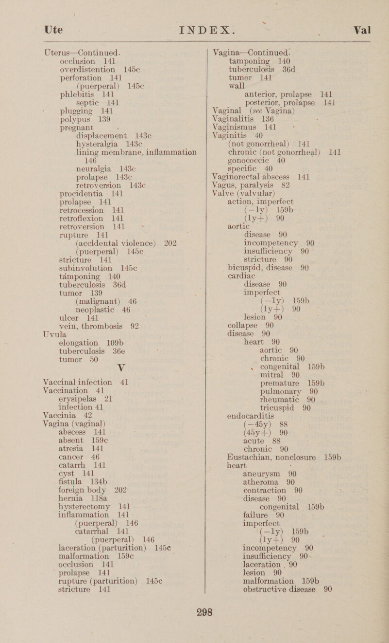 Ute  Uterus—Continued. occlusion 141 overdistention 145c perforation 141 (puerperal) phlebitis 141 septic 141 plugging 141 polypus 139 pregnant . displacement 143c hysteralgia 143c hning membrane, inflammation 146 neuralgia 1438c¢ prolapse 148c retroversion 143c procidentia 141 prolapse 141 retrocession 141 retroflexion 141 retroversion 141 . rupture 141 (accidental violence) 202 (puerperal) 145c stricture 141 subinvolution 145c tamponing 140 tuberculosis 36d tumor 139 (malignant) 46 neoplastic 46 145¢c ulcer 141 vein, thrombosis 92 Uvula elongation 109b tuberculosis 36e tumor 50 Vv Vaccinal infection 41 Vaccination 41 erysipelas 21 infection 41 Vaccinia 42 Vagina (vaginal) abscess 141 absent 159¢ atresia 141 cancer 46 catarrh 141 cyst 141 fistula 134b foreign body 202 hernia 118a hysterectomy 141 inflammation 141 (puerperal) 146 catarrhal 141 (puerperal) 146 laceration (parturition) 145¢ malformation 159c occlusion 141 ‘prolapse 141 rupture (parturition) 145c stricture 141  Val Vagina—Continued. tamponing 140 tuberculosis 36d tumor 141 wall anterior, prolapse 141 posterior, prolapse 141 Vaginal (see Vagina) Vaginalitis 136 Vaginismus 141 Vaginitis 40 (not gonorrheal) © 141 chronic (not gonorrheal) 141 gonococcic 40 specific 40 Vaginorectal abscess 141 Vagus, paralysis 82. Valve (valvular) action, imperfect (—ly) 159b (y+) 90 A0riic ~~. disease 90 . incompetency 90 insufficiency 90 stricture 90 3 bicuspid, disease 90 cardiac disease 90 imperfect (—ly) 159b (hy- oe lesion 90 collapse 90 disease 90 heart 90 aortic 90 chronic 90 . congenital 159b mitral 90 premature 159b pulmonary 90 rheumatic 90 tricuspid 90 endocarditis (—45y) 88 (45y+) 90 acute 88 chronic 90 Eustachian, nonglesure 159b heart aneurysm 90 atheroma 90 contraction 90 disease 90 congenital 159b failure 90 imperfect (—ly) 159b oe thy) yOU incompetency 90 insufficiency 90- laceration , 90 lesion 90 malformation 159b- . obstructive disease 90