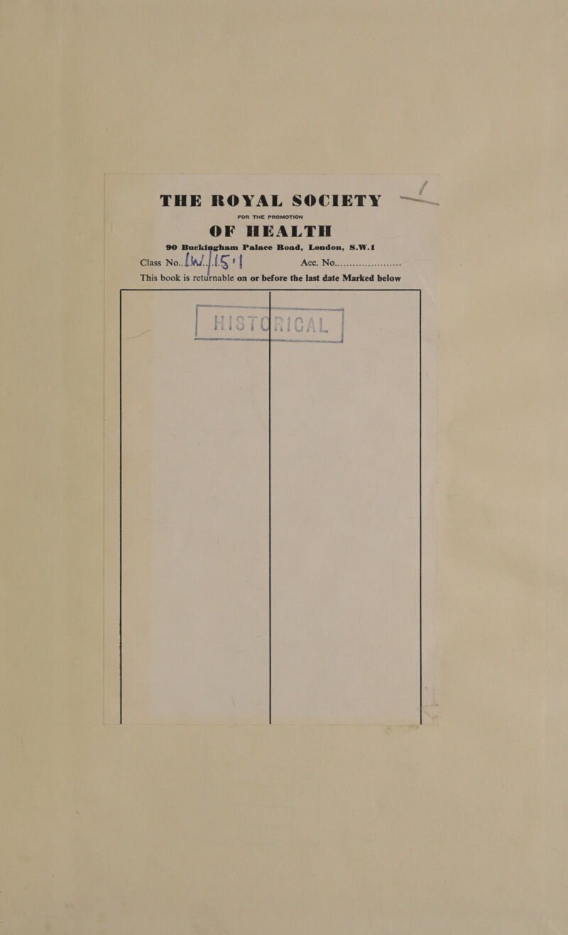 FOR THE PROMOTION OF HEALTH 90 Buckingham Palace Road, London, S.W.1 Class No.. fal. AS: | POC ING 2 eee ce nkeies veces 