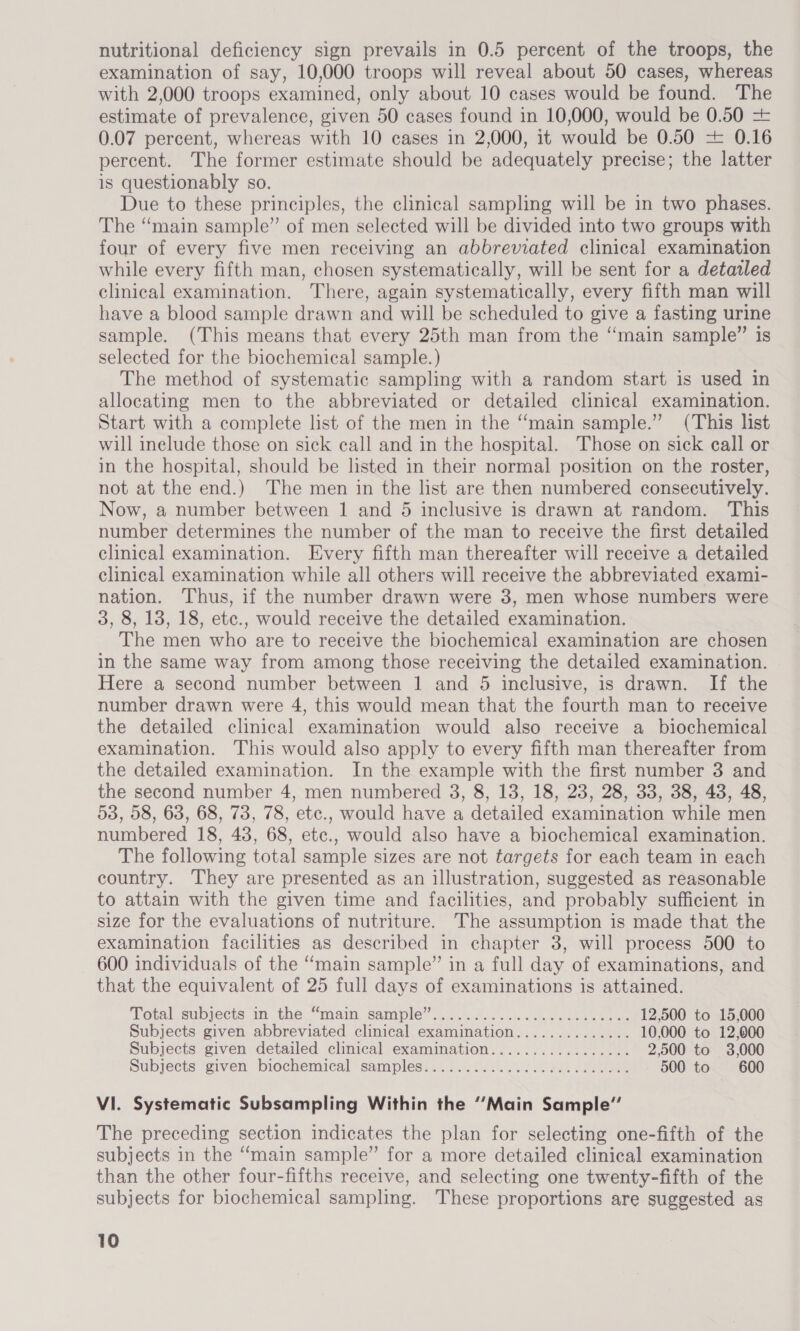 nutritional deficiency sign prevails in 0.5 percent of the troops, the examination of say, 10,000 troops will reveal about 50 cases, whereas with 2,000 troops examined, only about 10 cases would be found. The estimate of prevalence, given 50 cases found in 10,000, would be 0.50 + 0.07 percent, whereas with 10 cases in 2,000, it would be 0.50 + 0.16 percent. The former estimate should be adequately precise; the latter is questionably so. Due to these principles, the clinical sampling will be in two phases. The “main sample” of men selected will be divided into two groups with four of every five men receiving an abbreviated clinical examination while every fifth man, chosen systematically, will be sent for a detatled clinical examination. There, again systematically, every fifth man will have a blood sample drawn and will be scheduled to give a fasting urine sample. (This means that every 25th man from the “main sample” is selected for the biochemical sample.) The method of systematic sampling with a random start is used in allocating men to the abbreviated or detailed clinical examination. Start with a complete list of the men in the “main sample.” (This list will inelude those on sick call and in the hospital. Those on sick call or in the hospital, should be listed in their normal position on the roster, not at the end.) The men in the list are then numbered consecutively. Now, a number between 1 and 5 inclusive is drawn at random. This number determines the number of the man to receive the first detailed clinical examination. Every fifth man thereafter will receive a detailed clinical examination while all others will receive the abbreviated exami- nation. Thus, if the number drawn were 3, men whose numbers were 3, 8, 18, 18, etc., would receive the detailed examination. The men who are to receive the biochemical examination are chosen in the same way from among those receiving the detailed examination. Here a second number between 1 and 5 inclusive, is drawn. If the number drawn were 4, this would mean that the fourth man to receive the detailed clinical examination would also receive a _ biochemical examination. This would also apply to every fifth man thereafter from the detailed examination. In the example with the first number 3 and the second number 4, men numbered 3, 8, 13, 18, 23, 28, 33, 38, 43, 48, 53, 58, 638, 68, 73, 78, ete., would have a detailed examination while men numbered 18, 43, 68, etc., would also have a biochemical examination. The following total sample sizes are not targets for each team in each country. They are presented as an illustration, suggested as reasonable to attain with the given time and facilities, and probably sufficient in size for the evaluations of nutriture. The assumption is made that the examination facilities as described in chapter 3, will process 500 to 600 individuals of the “main sample” in a full day of examinations, and that the equivalent of 25 full days of examinations is attained. Total subjects m the.“main, sample’ ..0.5,2... 2. aceon eh oe 12,500 to 15,000 Subjects given abbreviated clinical examination.............. 10,000 to 12,000 Subjects given detailed clinical examination................. 2,500 to 3,000 Subjects given biochemical samples...............0......00- 500 to _—-600 VI. Systematic Subsampling Within the ““Main Sample” The preceding section indicates the plan for selecting one-fifth of the subjects in the “main sample” for a more detailed clinical examination than the other four-fifths receive, and selecting one twenty-fifth of the subjects for biochemical sampling. These proportions are suggested as