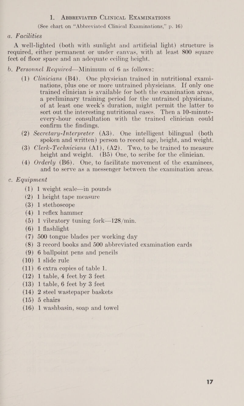 (See chart on “Abbreviated Clinical Examinations,” p. 16) a. Facilities A well-lighted (both with sunlight and artificial ight) structure is required, either permanent or under canvas, with at least 800 square feet of floor space and an adequate ceiling height. b. Personnel Required—Muinimum of 6 as follows: (1) Clincians (B4). One physician trained in nutritional exami- nations, plus one or more untrained physicians. If only one trained clinician is available for both the examination areas, a preliminary training period for the untrained physicians, of at least one week’s duration, might permit the latter to sort out the interesting nutritional cases. Then a 10-minute- every-hour consultation with the trained clinician could confirm the findings. (2) Secretary-Interpreter (A3). One intelligent bilingual (both spoken and written) person to record age, height, and weight. (3) Clerk-Technicians (A1), (A2). Two, to be trained to measure height and weight. (B5) One, to scribe for the clinician. (4) Orderly (B6). One, to facilitate movement of the examinees, and to serve as a messenger between the examination areas. c. Equipment (1) 1 weight scale—in pounds (2) 1 height tape measure (3) 1 stethoscope (4) 1 reflex hammer (5) 1 vibratory tuning fork—128/min. (6) 1 flashlight (7) 500 tongue blades per working day (8) 3 record books and 500 abbreviated examination cards (9) 6 ballpoint pens and pencils (10) 1 slide rule (11) 6 extra copies of table 1. (12) 1 table, 4 feet by 3 feet (13) 1 table, 6 feet by 3 feet (14) 2 steel wastepaper baskets (15) 5 chairs (16) 1 washbasin, soap and towel