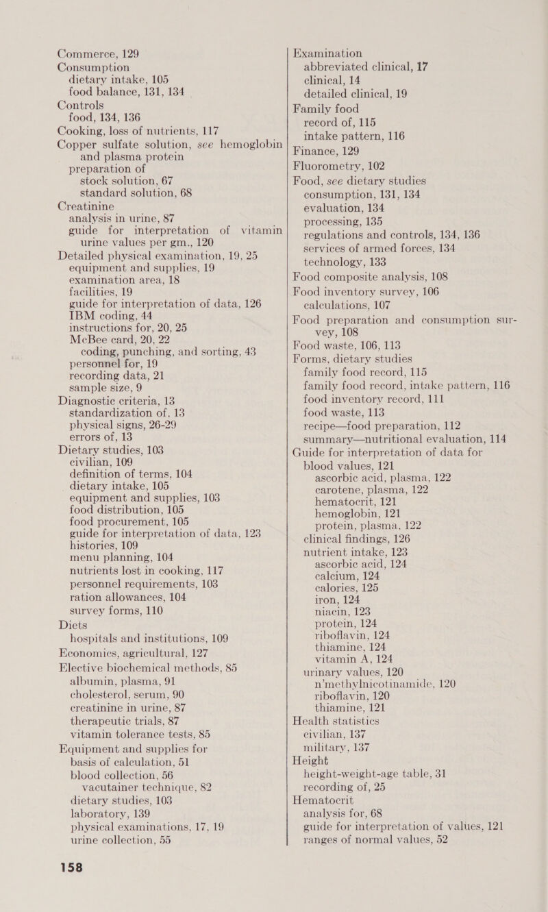 Commerce, 129 Consumption dietary intake, 105 food balance, 131, 134 . Controls food, 134, 136 Cooking, loss of nutrients, 117 Copper sulfate solution, see hemoglobin and plasma protein preparation of stock solution, 67 standard solution, 68 Creatinine analysis in urine, 87 guide for interpretation of urine values per gm., 120 Detailed physical examination, 19, 25 equipment and supplies, 19 examination area, 18 facilities, 19 guide for interpretation of data, 126 IBM coding, 44 instructions for, 20, 25 McBee card, 20, 22 coding, punching, and sorting, 43 personnel for, 19 recording data, 21 sample size, 9 Diagnostic criteria, 13 standardization of, 13 physical signs, 26-29 errors of, 13 Dietary studies, 103 civilian, 109 definition of terms, 104 dietary intake, 105 equipment and supplies, 103 food distribution, 105 food procurement, 105 guide for interpretation of data, 128 histories, 109 menu planning, 104 nutrients lost in cooking, 117 personnel requirements, 103 ration allowances, 104 survey forms, 110 Diets hospitals and institutions, 109 Economics, agricultural, 127 Elective biochemical methods, 85 albumin, plasma, 91 cholesterol, serum, 90 creatinine in urine, 87 therapeutic trials, 87 vitamin tolerance tests, 85 Equipment and supplies for basis of calculation, 51 blood collection, 56 vacutainer technique, 82 dietary studies, 103 laboratory, 139 physical examinations, 17, 19 urine collection, 55 vitamin 158 Examination abbreviated clinical, 17 clinical, 14 detailed clinical, 19 Family food record of, 115 intake pattern, 116 Finance, 129 Fluorometry, 102 Food, see dietary studies consumption, 131, 134 evaluation, 134 processing, 135 regulations and controls, 134, 1386 services of armed forces, 134 technology, 133 Food composite analysis, 108 Food inventory survey, 106 calculations, 107 Food preparation and consumption sur- vey, 108 Food waste, 106, 113 Forms, dietary studies family food record, 115 family food record, intake pattern, 116 food inventory record, 111 food waste, 113 recipe—food preparation, 112 summary—nutritional evaluation, 114 Guide for interpretation of data for blood values, 121 ascorbic acid, plasma, 122 carotene, plasma, 122 hematocrit, 121 hemoglobin, 121 protein, plasma, 122 clinical findings, 126 nutrient intake, 123 ascorbic acid, 124 calcium, 124 calories, 125 iron, 124 niacin, 123 protein, 124 riboflavin, 124 thiamine, 124 vitamin A, 124 urinary values, 120 n’methylnicotinamide, 120 riboflavin, 120 thiamine, 121 Health statistics civilian, 137 military, 137 Height height-weight-age table, 31 recording of, 25 Hematocrit analysis for, 68 guide for interpretation of values, 121 ranges of normal values, 52