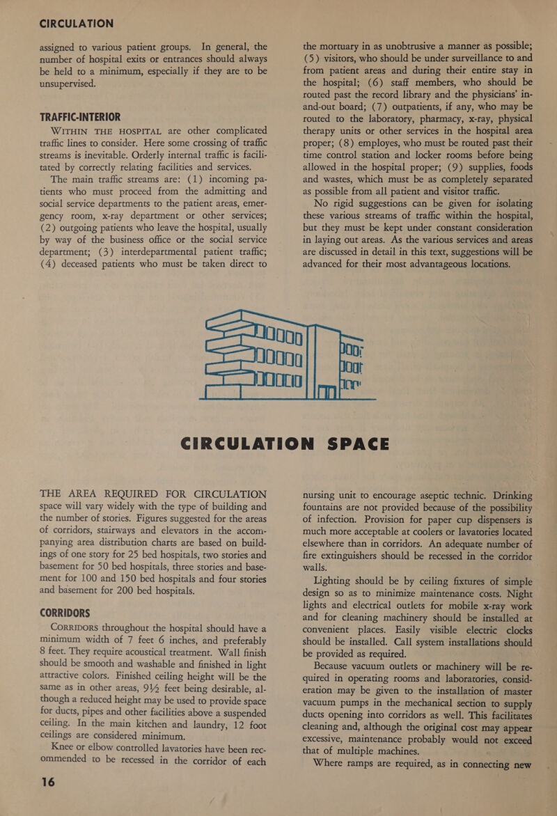CIRCULATION assigned to various patient groups. In general, the number of hospital exits or entrances should always be held to a minimum, especially if they are to be unsupervised. TRAFFIC-INTERIOR WITHIN THE HOSPITAL ate other complicated traffic lines to consider. Here some crossing of traffic streams is inevitable. Orderly internal traffic is facili- tated by correctly relating facilities and services. The main traffic streams are: (1) incoming pa- tients who must proceed from the admitting and social service departments to the patient areas, emer- gency room, x-ray department or other services; (2) outgoing patients who leave the hospital, usually by way of the business office or the social service department; (3) interdepartmental patient traffic; (4) deceased patients who must be taken direct to the mortuary in as unobtrusive a manner as possible; (5) visitors, who should be under surveillance to and from patient areas and during their entire stay in the hospital; (6) staff members, who should be routed past the record library and the physicians’ in- and-out board; (7) outpatients, if any, who may be routed to the laboratory, pharmacy, x-ray, physical therapy units or other services in the hospital area proper; (8) employes, who must be routed past their time control station and locker rooms before being allowed in the hospital proper; (9) supplies, foods and wastes, which must be as completely separated as possible from all patient and visitor traffic. No rigid suggestions can be given for isolating these various streams of traffic within the hospital, but they must be kept under constant consideration in laying out areas. As the various services and areas are discussed in detail in this text, suggestions will be advanced for their most advantageous locations.  THE AREA REQUIRED FOR CIRCULATION space will vary widely with the type of building and the number of stories. Figures suggested for the areas of corridors, stairways and elevators in the accom- panying area distribution charts are based on build- ings of one story for 25 bed hospitals, two stories and basement for 50 bed hospitals, three stories and base- ment for 100 and 150 bed hospitals and four stories and basement for 200 bed hospitals. CORRIDORS Corripors throughout the hospital should have a minimum width of 7 feet 6 inches, and preferably 8 feet. They require acoustical treatment. Wall finish should be smooth and washable and finished in light attractive colors. Finished ceiling height will be the same as in other areas, 914 feet being desirable, al- though a reduced height may be used to provide space for ducts, pipes and other facilities above a suspended ceiling. In the main kitchen and laundry, 12 foot ceilings are considered minimum. Knee or elbow controlled lavatories have been rec- ommended to be recessed in the corridor of each 16 nursing unit to encourage aseptic technic. Drinking fountains are not provided because of the possibility much more acceptable at coolers or lavatories located elsewhere than in corridors. An adequate number of fire extinguishers should be recessed in the corridor walls. Lighting should be by ceiling fixtures of simple design so as to minimize maintenance costs. Night lights and electrical outlets for mobile x-ray work and for cleaning machinery should be installed at convenient places. Easily visible electric clocks should be installed. Call system installations should be provided as required. Because vacuum outlets or machinery will be re- quired in operating rooms and laboratories, consid- eration may be given to the installation of master vacuum pumps in the mechanical section to supply ducts opening into corridors as well. This facilitates cleaning and, although the original cost may appear excessive, maintenance probably would not exceed that of multiple machines. Where ramps are required, as in connecting new
