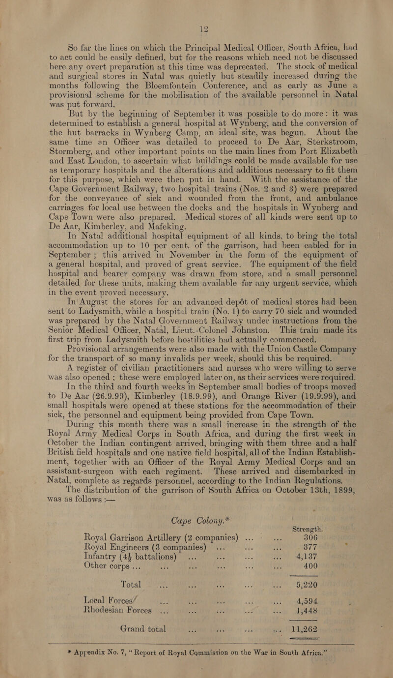 So far the lines on which the Principal Medical Officer, South Africa, had to act could be easily defined, but for the reasons which need not be discussed here any overt preparation at this time was deprecated. The stock of medical and surgical stores in Natal was quietly but steadily increased during the months following the Bloemfontein Conference, and as early as June a provisional scheme for the mobilisation of the available personnel in Natal was put forward. But by the beginning of September it was possible to do more: it was determined to establish a general hospital at Wynberg, and the conversion of the hut barracks in Wynberg Camp, an ideal site, was begun. About the same time an Officer was detailed to proceed to De Aar, Sterkstroom, Stormberg, and other important points on the main lines from Port Elizabeth and East London, to ascertain what buildings could be made available for use as temporary hospitals and the alterations and additions necessary to fit them for this purpose, which were then put in hand. With the assistance of the Cape Government Railway, two hospital trains (Nos. 2 and 3) were prepared for the conveyance of sick and wounded from the front, and ambulance carriages for local use between the docks and the hospitals in Wynberg and Cape Town were also prepared. Medical stores of all kinds were sent up to De Aar, Kimberley, and Mafeking. In Natal additional hospital equipment of all kinds, to bring the total accommodation up to 10 per cent. of the garrison, had been cabled for in September ; this arrived in November in the form of the equipment of a general hospital, and proved of great service. The equipment of the field hospital and bearer company was drawn from store, and a small personnel detailed for these units, making them available for any urgent service, which in the event proved necessary. In August the stores for an advaneed depot of medical stores had been sent to Ladysmith, while a hospital train (No. 1) to carry 70 sick and wounded was prepared by the Natal Government Railway under instructions from the Senior Medical Officer, Natal, Lieut.-Colonel Johnston. This train made its first trip from Ladysmith before hostilities had actually commenced. Provisional arrangements were also made with the Union Castle Company for the transport of so many invalids per week, should this be required. A register of civilian practitioners and nurses who were willing to serve was also opened ; these were employed later on, as their services were required, In the third and fourth weeks in September small bodies of troops moved to De Aar (26.9.99), Kimberley (18.9.99), and Orange River (19.9.99), and small hospitals were opened at these stations for the accommodation of their sick, the personnel and equipment being provided from Cape Town. During this month there was a small increase in the strength of the Royal Army Medical Corps in South Africa, and during the first week in October the Indian contingent arrived, bringing with them three and a half British field hospitals and one native field hospital, all of the Indian Establish- ment, together with an Officer of the Royal Army Medical Corps and an assistant-surgeon with each regiment. These arrived and disembarked in Natal, complete as regards personnel, according to the Indian Regulations. The distribution of the garrison of South Africa on October 13th, 1899, was as follows :— Cape Colony.* ay Strength. Royal Garrison Artillery (2 companies) ... - ... 306 Royal Engineers (3 companies) ... , a 377 7 Infantry (4% battalions) ... iy i}: Bs ea is Other corps ... Med Bi af, i Ba 400 Total PU Agee Sinden epee Local Forces/ Re ve Ge ie ie Rhodesian Forces... be a i fs 1,448 Grand total fe 136 ia gir 19262