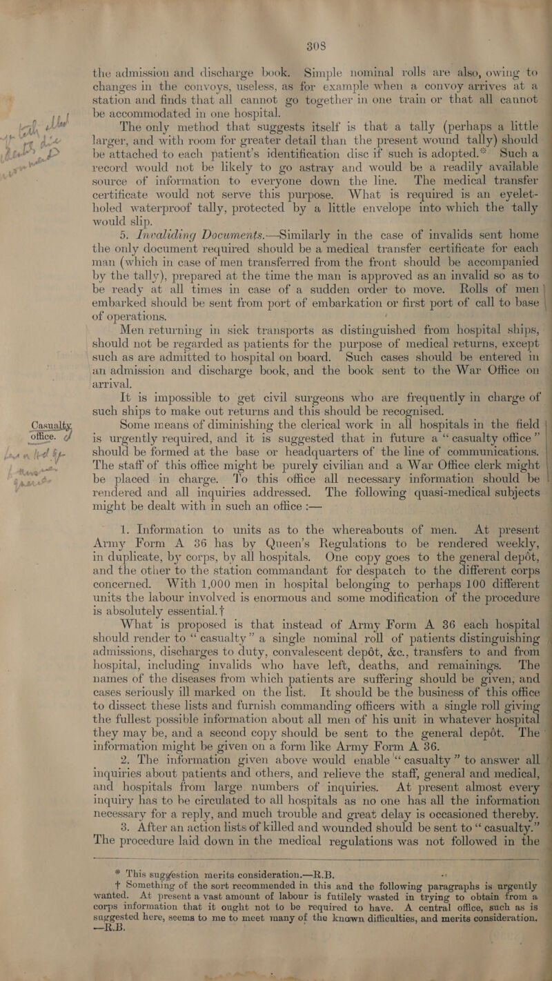 by of yw 308 the admission and discharge book. Simple nominal rolls are also, owing to changes in the convoys, useless, as for example when a convoy arrives at a station and finds that all cannot go together in one train or that all cannot be accommodated in one hospital. larger, and with room for greater detail than the present wound tally) should be attached to each patient’s identification disc if such is adopted.* Such a record would not be likely to go astray and would be a readily available source of information to everyone down the line. The medical transfer certificate would not serve this purpose. What is required is an eyelet holed waterproof tally, protected by a little envelope into which the tally would slip. ! | 5. Invaliding Docwments.—Similarly in the case of invalids sent home the only document required should be a medical transfer certificate for each man (which in case of men transferred from the front should be accompanied by the tally), prepared at the time the man is approved as an invalid so as to be ready at all times in case of a sudden order to move. Rolls of men embarked should be sent from port of embarkation or first port of call to base of operations. | Men returning in sick transports as distinguished from hospital ships, should not be regarded as patients for the purpose of medical returns, except such as are admitted to hospital on board. Such cases should be entered in arrival. such ships to make out returns and this should be recognised. ” is urgently required, and it is suggested that in future a “ casualty office should be formed at the base or headquarters of the line of communications. The staff of this office might be purely civilian and a War Office clerk might be placed in charge. To this office all necessary information should be rendered and all inquiries addressed. The following quasi-medical subjects might be dealt with in such an office :— 1. Information to units as to the whereabouts of men. At present Army Form A 36 has by Queen’s Regulations to be rendered weekly, in duplicate, by corps, by all hospitals. One copy goes to the general depot, and the other to the station commandant for despatch to the different corps concerned. With 1,000 men in hospital belonging to perhaps 100 different units the labour involved is enormous and some modification of the procedure is absolutely essential. t j should render to “ casualty” a single nominal roll of patients distinguishing admissions, discharges to duty, convalescent depdt, &amp;c., transfers to and from names of the diseases from which patients are suffering should be given, and cases seriously ill marked on the list. It should be the business of this office to dissect these lists and furnish commanding officers with a single roll giving the fullest possible information about all men of his unit in whatever hospital information might be given on a form like Army Form A 36. inquiries about patients and others, and relieve the staff, general and medical, and hospitals from large numbers of inquiries. At present almost every necessary for a reply, and much trouble and great delay is occasioned thereby. 3. After an action lists of killed and wounded should be sent to “ casualty.” The procedure laid down in the medical regulations was not followed in the  * This suggestion merits consideration.—R.B. “ ft Something of the sort recommended in this and the following paragraphs is urgently wanted. At present a vast amount of labour is futilely wasted in trying to obtain from a corps information that it ought not to be required to have. A central office, such as is —R. ‘ - 