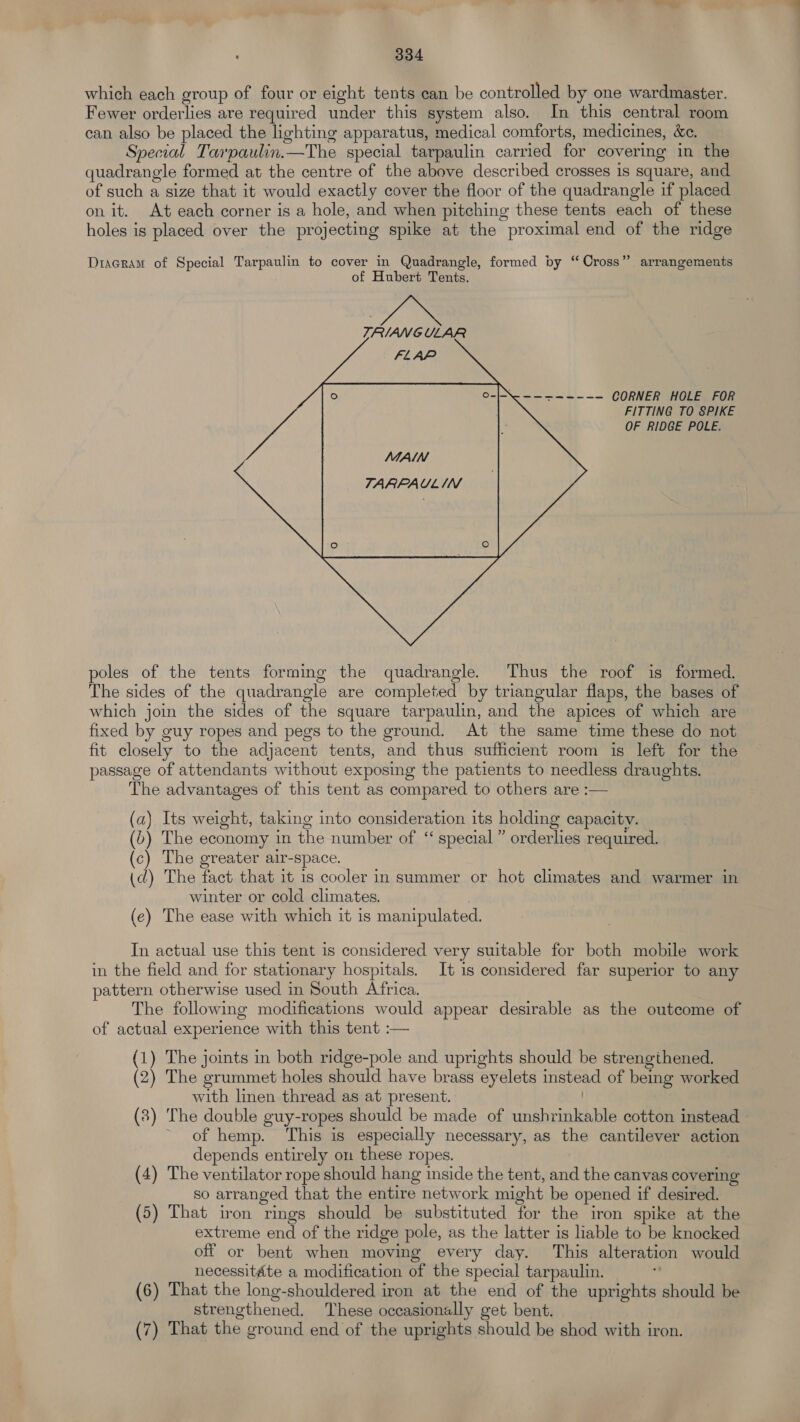 which each group of four or eight tents can be controlled by one wardmaster. Fewer orderlies are required under this system also. In this central room can also be placed the lighting apparatus, medical comforts, medicines, &c. Special Torpaulin.—The special tarpaulin carried for covering in the quadrangle formed at the centre of the above described crosses is square, and of such a size that it would exactly cover the floor of the quadrangle if placed on it. At each corner is a hole, and when pitching these tents each of these holes is placed over the projecting spike at the proximal end of the ridge Diacram of Special Tarpaulin to cover in Quadrangle, formed by “Cross” arrangements of Hubert Tents. TRIANGULAR CORNER HOLE FOR FITTING TO SPIKE OF RIDGE POLE. MAIN TARPAUL/IN poles of the tents forming the quadrangle. Thus the roof is formed. The sides of the quadrangle are completed by triangular flaps, the bases of which join the sides of the square tarpaulin, and the apices of which are fixed by guy ropes and pegs to the ground. At the same time these do not fit closely to the adjacent tents, and thus sufficient room is left for the passage of attendants without exposing the patients to needless draughts. The advantages of this tent as compared to others are :— (a) Its weight, taking into consideration its holding capacity. (b) The economy in the number of ‘ special” orderlies required. (c) The greater air-space. (ad) The fact that it 1s cooler in summer or hot climates and warmer in winter or cold climates. (e) The ease with which it is manipulated. In actual use this tent is considered very suitable for both mobile work in the field and for stationary hospitals. It is considered far superior to any pattern otherwise used in South Africa. The following modifications would appear desirable as the outcome of of actual experience with this tent :— (1) The joints in both ridge-pole and uprights should be strengthened. (2) The grummet holes should have brass eyelets instead of being worked with linen thread as at present. / (3) The double guy-ropes should be made of unshrinkable cotton instead of hemp. ‘This is especially necessary, as the cantilever action depends entirely on these ropes. . (4) The ventilator rope should hang inside the tent, and the canvas covering so arranged that the entire network might be opened if desired. (5) That iron rings should be substituted for the iron spike at the extreme end of the ridge pole, as the latter is liable to be knocked off or bent when moving every day. This alteration would necessitate a modification of the special tarpaulin. z (6) That the long-shouldered iron at the end of the uprights should be strengthened, These occasionally get bent. (7) That the ground end of the uprights should be shod with iron.
