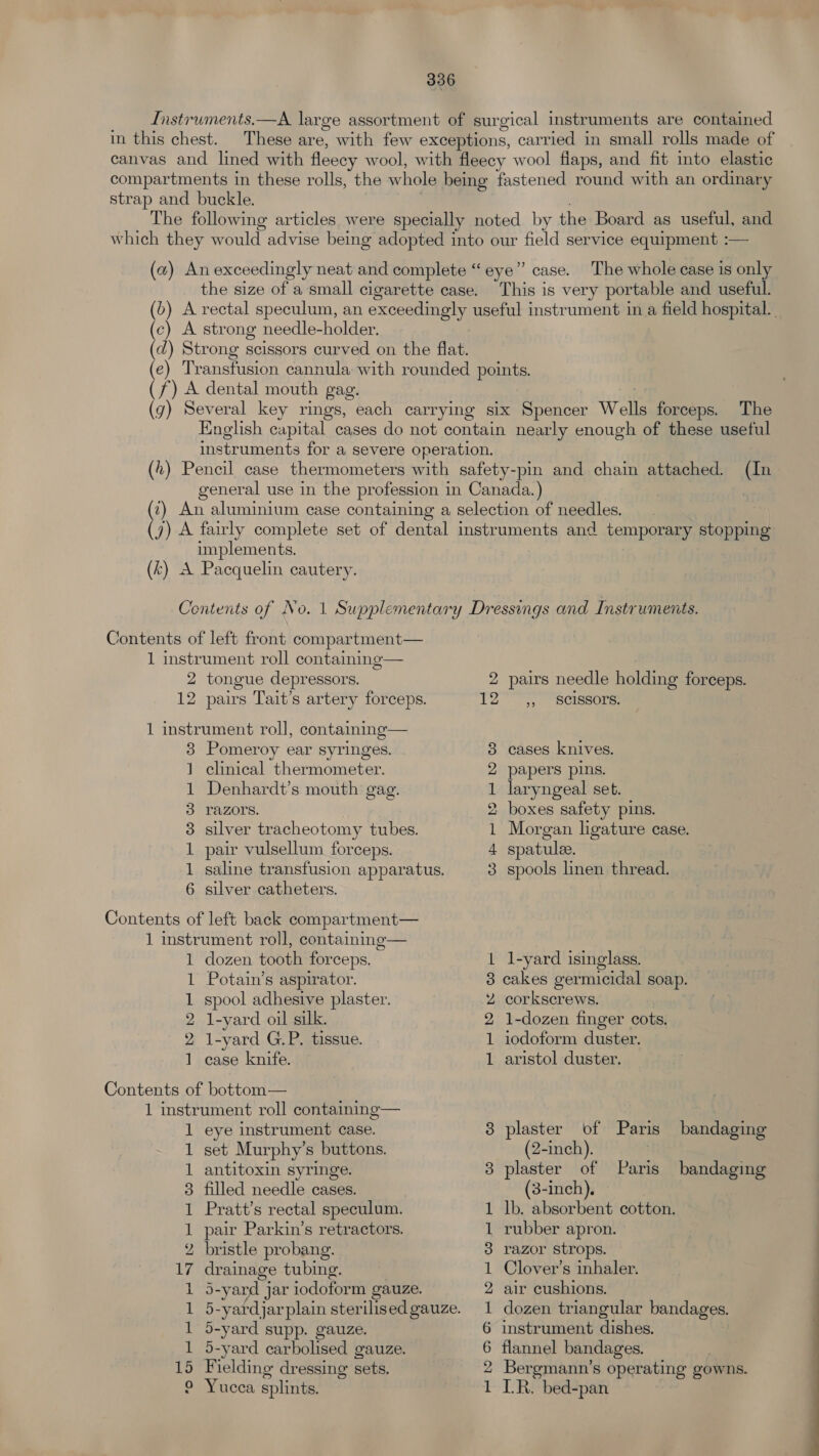 Instruments.—A large assortment of surgical instruments are contained in this chest. These are, with few exceptions, carried in small rolls made of canvas and lined with fleecy wool, with fleecy wool flaps, and fit into elastic compartments in these rolls, the whole being fastened round with an ordinary strap and buckle. | : The following articles were specially noted by the Board as useful, and which they would advise being adopted into our field service equipment :— (a) An exceedingly neat and complete “eye” case. The whole case is only the size of a small cigarette case. This is very portable and useful. (b) A rectal speculum, an exceedingly useful instrument in a field hospital. (c) A strong needle-holder. (ad) Strong scissors curved on the flat. (¢) Transfusion cannula with rounded points. (7) A dental mouth gag. : (g) Several key rings, each carrying six Spencer Wells forceps. The English capital cases do not contain nearly enough of these useful instruments for a severe operation. (2) Pencil case thermometers with safety-pin and chain attached. (In general use in the profession in Canada.) | (2) An aluminium case containing a selection of needles. (7) A sy SUP PISH set of dental instruments and temporary stopping implements. (k) A Patines cautery. Contents of No. 1 Supplementary Dressings and Instruments. Contents of left front compartment— 1 instrument roll containing— 2 tongue depressors. 12 pairs Tait’s artery forceps. 2 pairs needle holding forceps. 12°, seissorst 1 instrument roll, containmg— cases knives. Aer wwH eo Pomeroy ear syringes. clinical thermometer. Denhardt’s mouth gag. razors. silver tracheotomy tubes. pair vulsellum forceps. saline transfusion apparatus. silver catheters. 1 1 1 2 2 ] dozen tooth forceps. Potain’s aspirator. spool adhesive plaster. 1-yard oil silk. l-yard G.P. tissue. case knife. CS ee heb He Mn wre papers pins. laryngeal set. boxes safety pins. Morgan ligature case. spatulee. spools linen thread. 1-yard isinglass. cakes germicidal soap. corkscrews. 1-dozen finger cots. iodoform duster. aristol duster. 1 eye instrument case. 3 plaster of Paris bandaging 1 set Murphy’s buttons. (2-inch). | 1 antitoxin syringe. 3 plaster of Paris bandaging 3 filled needle cases. (3-inch), } 1 Pratt’s rectal speculum. 1 lb. absorbent cotton. 1 pair Parkin’s retractors. 1 rubber apron. 2 bristle probang. 3 razor strops. 17 drainage tubing. 1 Clover’s inhaler. 1 35-yard jar iodoform gauze. 2 air cushions. 1 5-yardjarplain sterilisedgauze. 1 dozen triangular bandages. 1 5-yard supp. gauze. 6 instrument dishes. 1 5-yard carbolised gauze. 6 flannel bandages. | 15 Fielding dressing sets. 2 Bergmann’s operating gowns. © Yucca splints. 1 LR. bed-pan