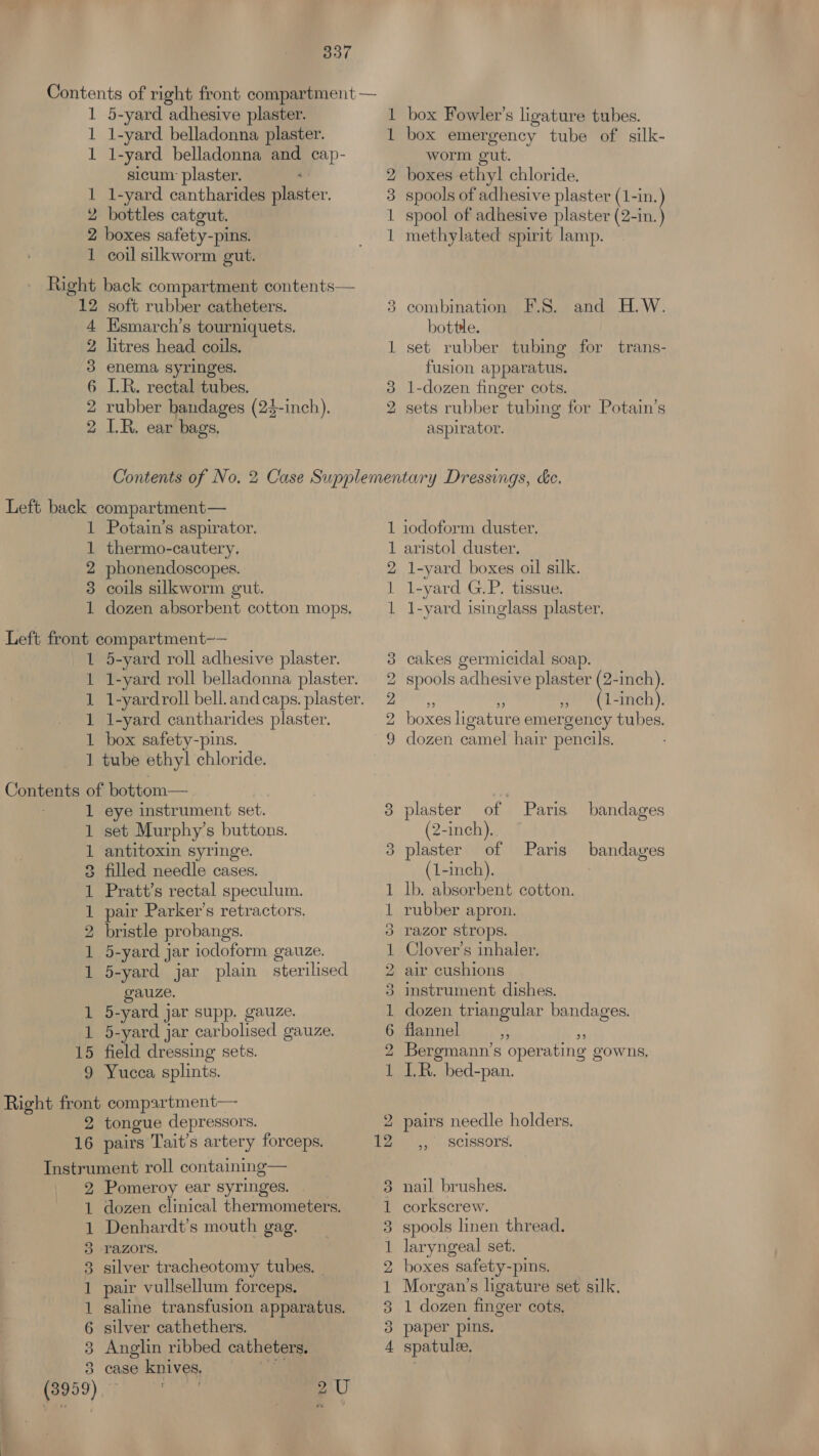 1 5-yard adhesive plaster. 1 1-yard belladonna plaster. 1 1-yard belladonna and cap- sicum plaster. ‘ 1 1-yard cantharides plaster. 2 bottles catgut. 2 boxes safety-pins. 1 coil silkworm gut. 4 Ksmarch’s tourniquets. 2 litres head coils. 3 enema syringes. 6 LR. rectal tubes. 2 rubber bandages (23-inch). 2 LR. ear bags, m re © bO Go ies) box Fowler’s ligature tubes. box emergency tube of silk- worm gut. boxes ethyl chloride. spools of adhesive plaster (1-in.) spool of adhesive plaster (2-in.) methylated spirit lamp. combination F.S. and H.W. bottle. set rubber tubing for trans- fusion apparatus. 1-dozen finger cots. ; is sets rubber tubing for Potain’s aspirator. 1 Potain’s aspirator. 1 thermo-cautery. 2 phonendoscopes. 3 coils silkworm gut. 1 dozen absorbent cotton mops. Contents 5-yard roll adhesive plaster. 1-yard roll belladonna plaster. a 1 1-yard cantharides plaster. 1 box safety-pins. 1 tube ethyl chloride. of bottom— eye instrument set. set Murphy’s buttons. antitoxin syringe. filled needle cases. Pratt’s rectal speculum. pair Parker's retractors. bristle probangs. 5-yard jar iodoform gauze. 5-yard jar plain sterilised gauze. 1 5-yard j jar supp. gauze. 1 5-yard } jar eeholeed gauze. field dressing sets. 9 Yucca splints. Se eH Coe eH ee 2 tongue depressors. Pomeroy ear syringes. dozen clinical thermometers. Denhardt’s mouth gag. razors. silver tracheotomy tubes, | pair vullsellum forceps. saline transfusion apparatus. silver cathethers. Anglin ribbed catheters. case knives. co 09 Oe RO eS eb 2U if 2 1 i aC inion hoe) COME co host co ot bo m GO CO Ft DO OO FOO aristol duster. 1-yard boxes oil silk. l-yard G.P. tissue. 1-yard isinglass plaster, cakes germicidal soap. spools adhesive plaster (2-inch). ye », (1-inch). boxes ligature emergency tubes. dozen camel hair pencils. plaster of Paris bandages (2-inch). plaster of Paris bandages (1-inch). lb. absorbent cotton. rubber apron. razor strops. Clover’s inhaler. air cushions instrument dishes. dozen triangular bandages. flannel x ¥ Bergmann’s operating gowns, LR. bed-pan. pairs needle holders. SCISSOrS. 99 nail brushes. corkscrew. spools linen thread. laryngeal set. boxes safety-pins. Morgan’s ligature set silk, 1 dozen finger cots, paper pins. spatule,