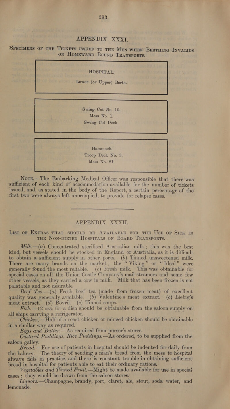 AEEENDIX XXXE ‘SPECIMENS OF THE TICKETS ISSUED TO THE MEN WHEN BertuiIne INVALIDS oN HomEwarRD Bounp TRANSPORTS. HOSPITAL, Swing Cot No. 10. Mess No. 1. Swing Cot Deck. Hammock. Troop Deck No. 3. Mess No. 21. Note.—The Embarking Medical Officer was responsible that there was ‘sufficient of each kind of accommodation available for the number of tickets issued, and, as stated in the body of the Report, a certain percentage of the first two were always left unoccupied, to provide for relapse cases. APPENDIX XXXII. List oF EXTRAS THAT SHOULD BE AVAILABLE FOR THE USE oF SIcK IN THE NON-DIETED HospiTraALs ON BoARD TRANSPORTS. Milk.—(a) Concentrated sterilised Australian milk; this was the best kind, but vessels should be stocked in England or Australia, as it is difficult to obtain a sufficient supply in other ports. (6) Tinned unsweetened milk. There are many brands on the market; the ‘“ Viking” or “Ideal” were generally found the most reliable. (c) Fresh milk. This was obtainable for special cases on all the Union Castle Company’s mail steamers and some few other vessels, as they carried a cow in milk. Milk that has been frozen is not palatable and not desirable. Beef Teu.—(a) Fresh beef tea (made from frozen meat) of excellent ‘quality was generally available. (b) Valentine's meat extract. (c) Liebig’s meat extract. (d) Bovril. (e) Tinned soups. Fish,—12 ozs. for a dish should be obtainable from the saloon supply on _all ships carrying a refrigerator. Chicken.—Half of a roast chicken or minced chicken should be obtainable in a similar way as required, Eggs and Butter.—As required from purser’s stores. Custard Puddings, Rice Puddings.—As ordered, to be supplied from the ‘saloon galley. Bread.—For use of patients in hospital should be indented for daily from the bakery. The theory of sending a man’s bread from the mess to hospital always fails in practice, and there is constant trouble in obtaining sufficient bread in hospital for patients able to eat their ordinary rations. Vegetables and Tinned Fruit.—Might be made available for use in speciai cases ; they would be drawn from the saloon stores. Inquors.—Champagne, brandy, port, claret, ale, stout, soda water, and _Jemonade.