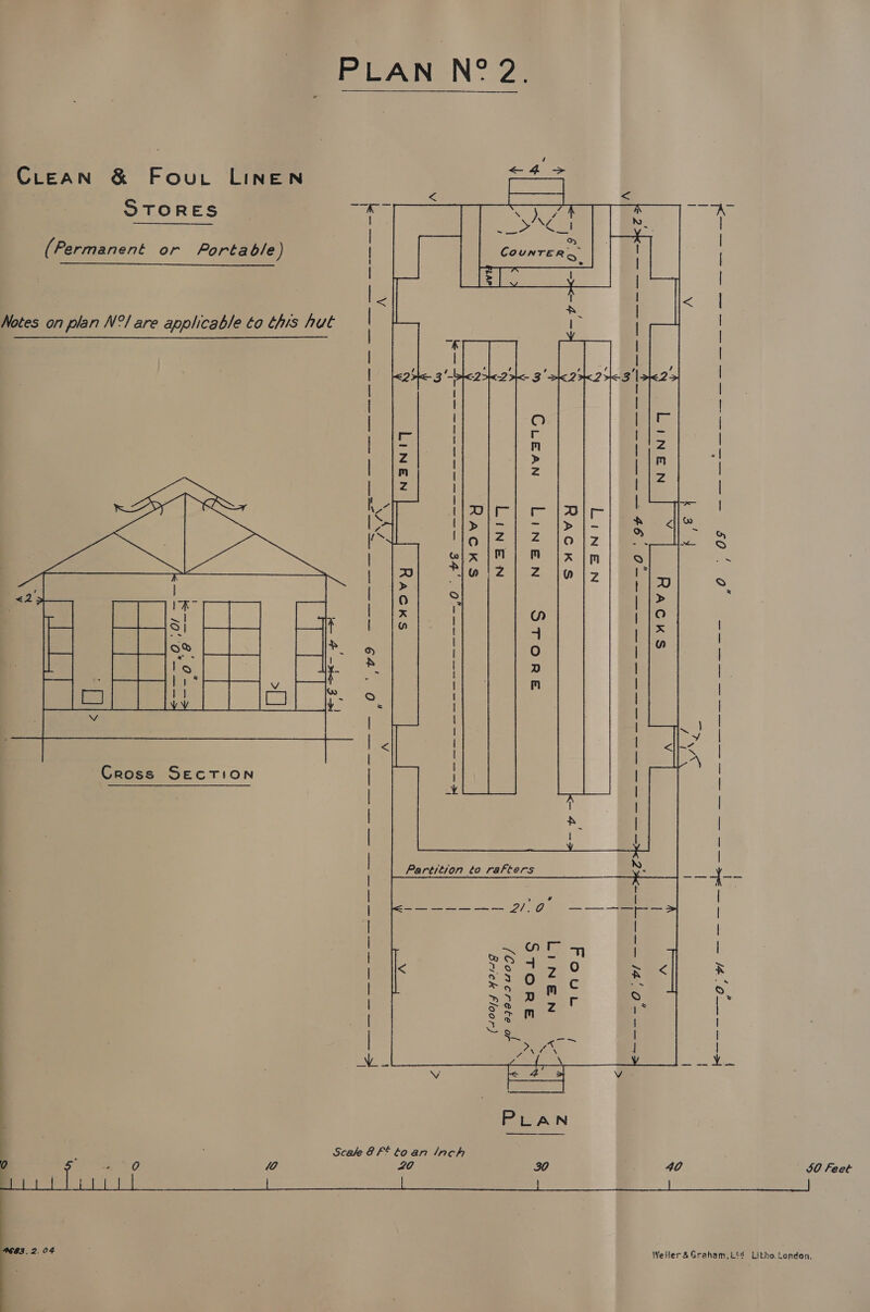 CreEAN & Four LINEN STORES = CLEAN COUNTER, (Permanent or Porta b/e ) Notes on plan N°/ are applicable to this hut Soe o ie: Partition to rafters Cross SECTION N | 50 Feet 40 Scale 8 F£ to an Inch 20