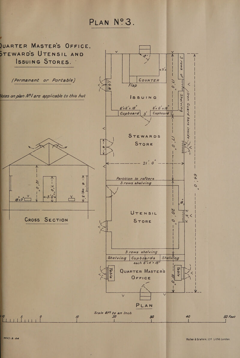 JUARTER MASTER'S OFFICE,   JTEWARDS UTENSIL AND lien ws IssuinG STORES. © |: a OR : ‘e (Permanent or Portable) TE COUNTER > 7 2 <Hio Flap e i < < {fem ie i] lates on plan N°/ are applicable to this hut tel TN GC | | | 6%6'x 18 Poe is cupboard] _3' [ Cupboard} a ee aPISUl SAEG PALBEND Wot = 9) K 9 gt ARS | UTENSIL nee Cross SECTION Sere ne thy (Soe ee < < each ae x 18 Quarter Masters OFrFice  : Scale 8F' to an lnch 0 7) /0 20, 30 40 50 Feet pod 2.04 Weller &amp;Grahem, Lt4 Lithé. London. 