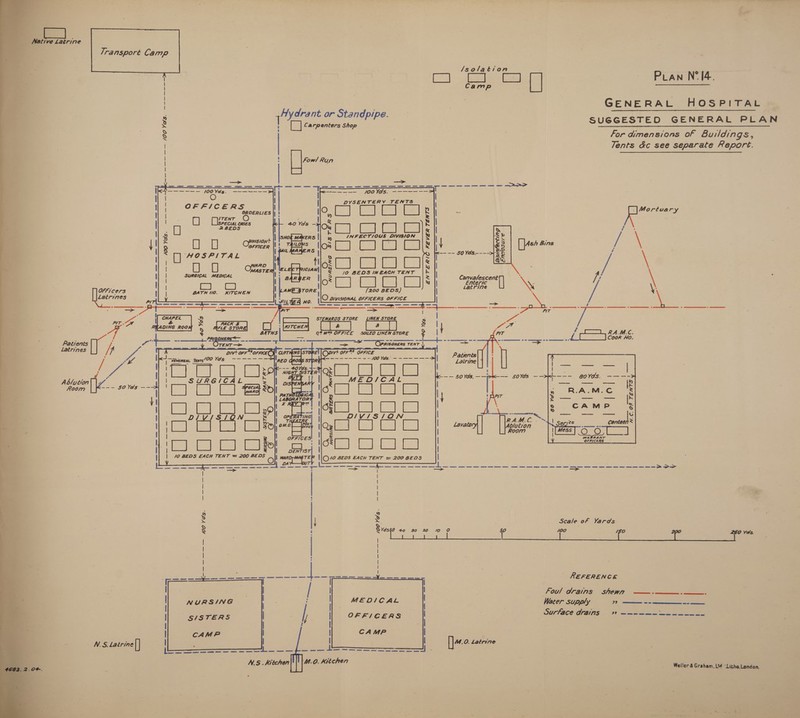  Native Latrine /solation Om Of Pan N°I4.  Camp GENERAL HOSPITAL Hydrant or Standpipe. | SUGGESTED GENERAL PLAN for dimensions of Buildings, Tents &amp;c see separate Report. Se Vet ee ee ee ee ee Se oe ee ee a ae alee ee et Ik-4f———--= 100 Yds. | a . Tr ee eee ee OO VOSS:  QFFICERS | O] Dseeti este 40 Yols — | |sxo ERS | Oo 0 onmsignt | Pca Mt. s ‘HOSPITAL [] [] ol! lee RICIAN' SURGICAL MEDICAL ° 5a - 8 a a a) | Officers BATH UO. KITCHEN ES B'S$TORE i Laérines _ i! lA  Mortuary / FEVER TENTS     Eg eC] [cca 10 BEDS IN EACH TENT or (eee (200 BEDS) O DIVISIONAL OFFICERS OF FICE   I | | vy | i | sees 0) fa Ge   Convalescent : Ye ‘ \ Enteric \x / tatrine : \ , 4       = SES A t pos : ao. : 3 ! CHAPEE % STEWARDS STORE a8 a8 ; ad ee ey my on : bapine ROO FLE STOR. |MITCHENM * 4 Y Mele Sronal gf Q?M*S OFFICE SOUlED ai STORE | y . To Ee ed oe ee Patients ie Ou. ¢ — OPRISonERS TENT | = latrines /4 SA DIV! OFFS OFFICEC) —_ E\|Corvt ma OFFICE Patents / Y | veNemea. Teyrs/O0 Ys ~~ ~~~ ~~ leeo Seen Co eee oe waa Latrine ee l ~~ 40Yds.4- ‘ ap ! Wei aSTAR Sore Ab/ution | SUR 1 os PEMSAR fom [}-~ some —at | °F = ( | LABORATOR | x mi | fe) a ae Fa) es DIlV/ i as pltess ‘eel ro Pa | g OFFIGES Ss ea 3 Hm |(@) BEDS EACH rae : oes \ 40 A TE O/@ &amp;E0S EACH TENT = 200 BEDS ee O ‘obit SS LL ee Le Ae a a, ee On | na ae | : | | | : { a) % N | x Scale of Yards N ' i 40 30 20 10 O Oo 100 150 0 Y's. | ! | | | | : | | i | | ew ec So ee poo pasaa= 7 REFERENCE / | FOR “OBIS: (STRONIT pam eee ee NURSING : : MEDICAL . Water supply 59) eon en ine eee ; | | CAMP | N.S. Latrine (] i | [|. 0. Latrine  N.S . Kitchen ‘M.0. Kitchen Weller &amp; Graham, Lt “Litho, London.