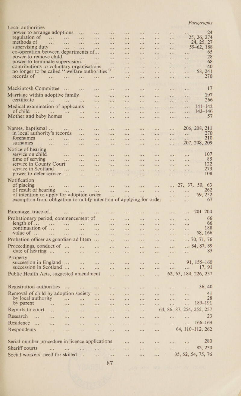© a eu Local authorities Paragraphs power to arrange adoptions 24 regulation of ee DS} 26, 274 methods of 24, 25, ap supervising duty 59-62, 188 co-operation between departments of... Pa 65 power to remove child Ae 28 power to terminate supervision 68 contributions to voluntary organisations 40 no longer to be called ‘* welfare authorities ”’ 58, 241 records of x os he sa 270 Mackintosh Committee HS 17 Marriage within adoptive dain 197 certificate 266 Medical examination of sa plietie 141-142 of child’... Sos ai 143-146 Mother and baby homes a7 Names, baptismal .. 206, 208, 211 in local authority’ s records 270 forenames a 210 surnames 207, 208, 209 Notice of hearing service on child 107 time of serving 85 service in County Court 122 service in Scotland 273 power to defer service ... 108 Notification of placing ; 272 37,00, 63 of result of hearing Y * 262 of intention to apply for adoption order. bee 39s 202 exemption from obligation to notify intention of applying for order... ae 67 Parentage, trace of... 201-204 Probationary Si commencement of 66 length of .. ; pee aa : 66 continuation of . 188 value of . ihe 58, 166 Probation pieoee as edidinn ad litem ate oe FO EL, 16 Proceedings, conduct of ... date of hearing ... Property succession in England . succession in Scotland . Public Health Acts, suggested acadicet Registration authorities Removal of child by adoption society by local Samal by parent Reports to court Research Residence Respondents Serial number procedure in licence applications Sheriff courts ae Social workers, need for spina 87 ... 84, 87, 89 is 85 91, 155-160 isle 17, 91 62, 63, 184, 226, 237 36, 40 41 28 PS 189-191 64, 86, 87, 254, 255, 257 23 166-169 64, 110-112, 262 280 e 82, 230