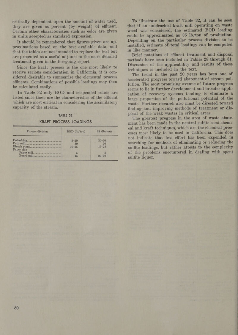 critically dependent upon the amount of water used, they are given as percent (by weight) of effluent. Certain other characteristics such as color are given in units accepted as standard expression. It should be remembered that figures given are ap- proximations based on the best available data, and that the tables are not intended to replace the text but are presented as a useful adjunct to the more detailed treatment given in the foregoing report. Since the kraft process is the one most likely to receive serious consideration in California, it is con- sidered desirable to summarize the elemental process effluents. Combinations of possible loadings may then be calculated easily. In Table 32 only BOD and suspended solids are listed since these are the characteristics of the effluent which are most critical in considering the assimilatory capacity of the stream. TABLE 32 KRAFT PROCESS LOADINGS    Process division BOD (lb/ton) SS (b/ton) INSDATKING tT euE ee eee: ee Sate 5-20 30-50 Puls milter eee ee oe (ok ay) Tae 30 20 Bleach plant. sae te oe eae 10-25 15-25 Paper side PAperong sew. ee ee 5 5 Board tales ee 2k Be 15 20-30 60 To illustrate the use of Table 32, it can be seen that if an unbleached kraft mill operating on waste wood was considered, the estimated BOD loading could be approximated as 35 lb/ton of production. Depending on the particular process division to be installed, estimate of total loadings can be computed in like manner. Brief notations of effluent treatment and disposal methods have been included in Tables 28 through 31. Discussion of the applicability and results of these techniques is included in the text. The trend in the past 20 years has been one of accelerated progress toward abatement of stream pol- lution. The most promising avenue of future progress seems to lie in further development and broader appli- cation of recovery systems tending to eliminate a large proportion of the pollutional potential of the waste. Further research also must be directed toward finding and improving methods of treatment or dis- posal of the weak wastes in critical areas. The greatest progress in the area of waste abate- ment has been made in the neutral sulfite semi-chemi- cal and kraft techniques, which are the chemical proc- esses most likely to be used in California. This does not indicate that less effort has been expended in searching for methods of eliminating or reducing the sulfite loadings, but rather attests to the complexity of the problems encountered in dealing with spent sulfite liquor. 