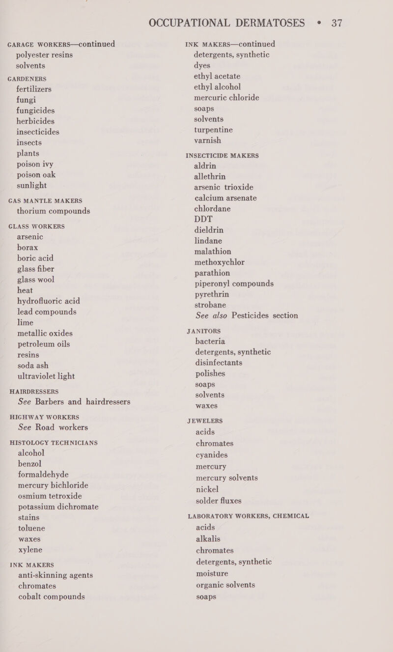 GARAGE WORKERS—continued polyester resins solvents GARDENERS fertilizers fungi fungicides herbicides insecticides insects plants poison ivy poison oak sunlight GAS MANTLE MAKERS thorium compounds GLASS WORKERS arsenic borax boric acid glass fiber glass wool heat hydrofluoric acid lead compounds lime metallic oxides petroleum oils resins soda ash ultraviolet light HAIRDRESSERS See Barbers and hairdressers HIGHWAY WORKERS See Road workers HISTOLOGY TECHNICIANS alcohol benzol formaldehyde mercury bichloride osmium tetroxide potassium dichromate stains toluene waxes xylene INK MAKERS anti-skinning agents chromates cobalt compounds detergents, synthetic dyes ethyl acetate ethyl alcohol mercuric chloride soaps solvents turpentine varnish aldrin allethrin arsenic trioxide calcium arsenate chlordane DDT dieldrin lindane malathion methoxychlor parathion piperonyl compounds pyrethrin strobane See also Pesticides section bacteria detergents, synthetic disinfectants polishes soaps solvents waxes acids chromates cyanides mercury mercury solvents nickel solder fluxes acids alkalis chromates detergents, synthetic moisture organic solvents soaps