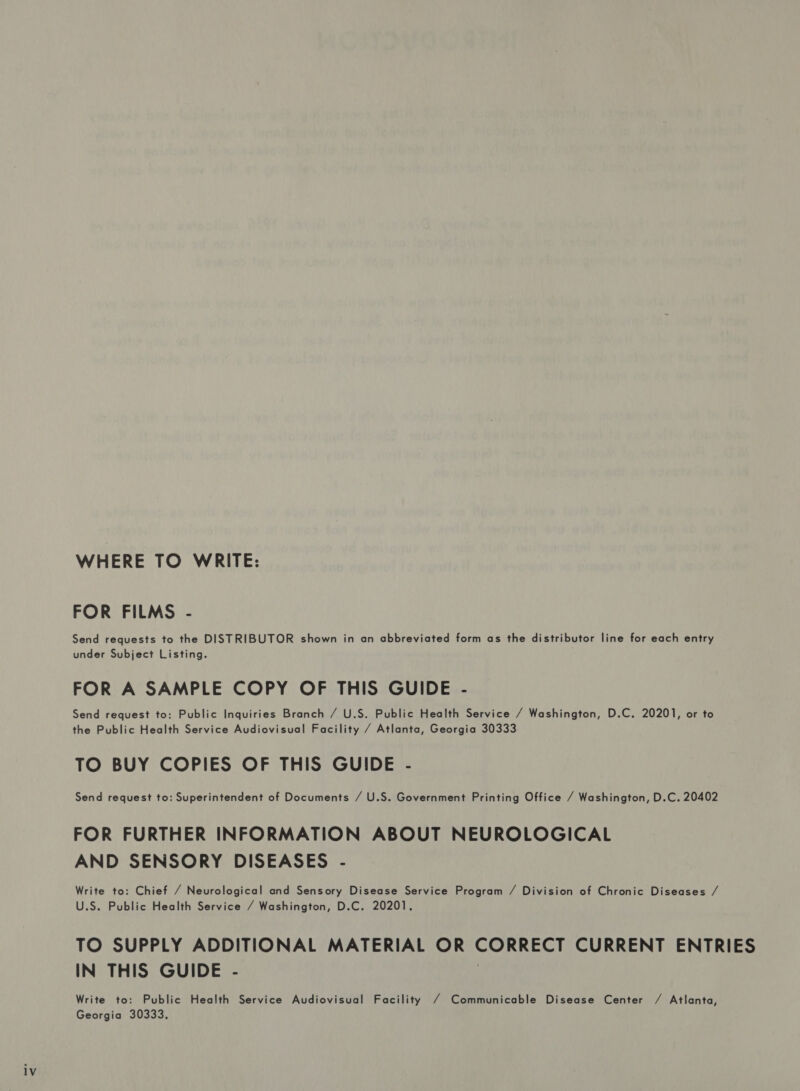 WHERE TO WRITE: FOR FILMS - Send requests to the DISTRIBUTOR shown in an abbreviated form as the distributor line for each entry under Subject Listing. FOR A SAMPLE COPY OF THIS GUIDE - Send request to: Public Inquiries Branch / U.S. Public Health Service / Washington, D.C. 20201, or to the Public Health Service Audiovisual Facility / Atlanta, Georgia 30333 TO BUY COPIES OF THIS GUIDE - Send request to: Superintendent of Documents / U.S. Government Printing Office / Washington, D.C. 20402 FOR FURTHER INFORMATION ABOUT NEUROLOGICAL AND SENSORY DISEASES - Write to: Chief / Neurological and Sensory Disease Service Program / Division of Chronic Diseases / U.S. Public Health Service / Washington, D.C. 20201. TO SUPPLY ADDITIONAL MATERIAL OR CORRECT CURRENT ENTRIES IN THIS GUIDE - | Write to: Public Health Service Audiovisual Facility / Communicable Disease Center / Atlanta, Georgia 30333.