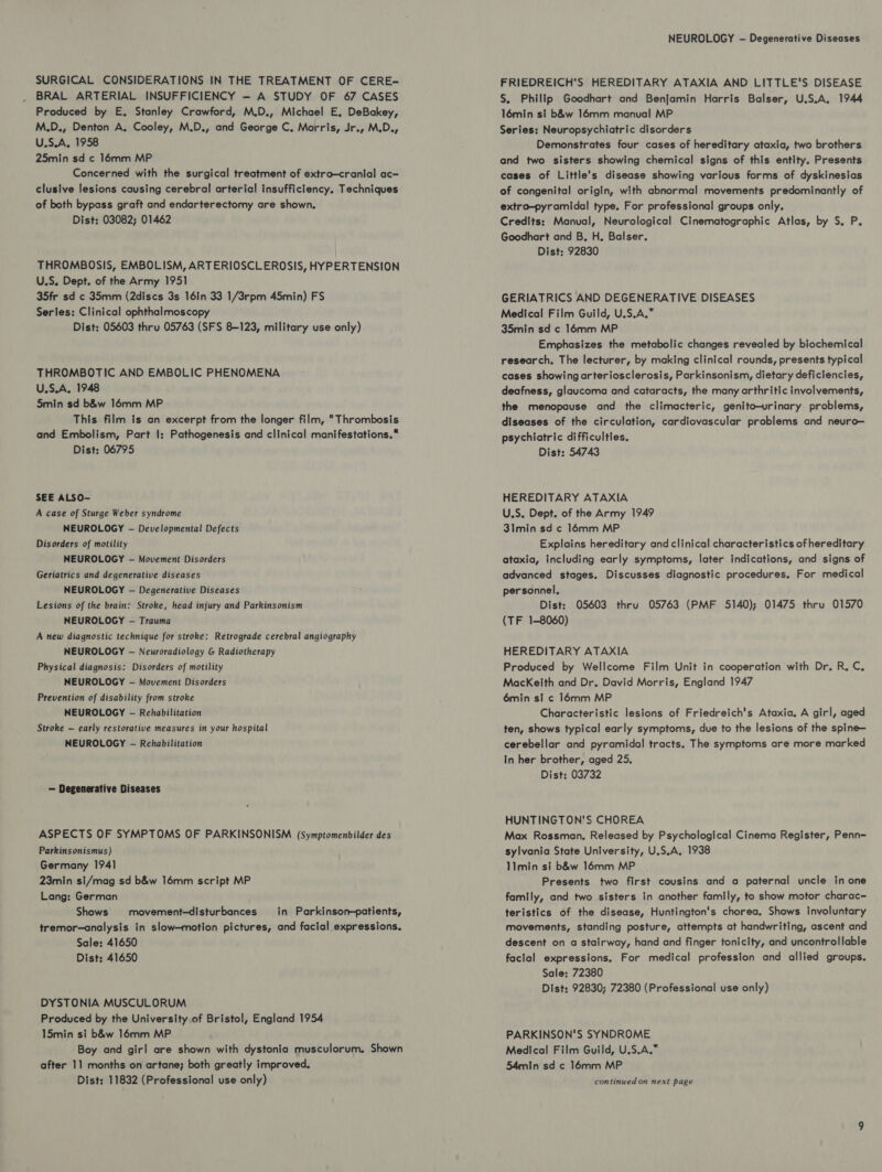 SURGICAL CONSIDERATIONS IN THE TREATMENT OF CERE- BRAL ARTERIAL INSUFFICIENCY — A STUDY OF 67 CASES Produced by E. Stanley Crawford, M.D., Michael E, DeBakey, M.D., Denton A. Cooley, M.D., and George C. Morris, Jr., M.D., U.S.A, 1958 25min sd c 16mm MP Concerned with the surgical treatment of extra—cranial ac- clusive lesions causing cerebral arterial insufficiency. Techniques of both bypass graft and endarterectomy are shown. Dist: 03082; 01462 THROMBOSIS, EMBOLISM, ARTERIOSCLEROSIS, HYPERTENSION U.S. Dept. of the Army 1951 35fr sd c 35mm (2discs 3s 16in 33 1/3rpm 45min) FS Series: Clinical ophthalmoscopy Dist: 05603 thru 05763 (SFS 8-123, military use only) THROMBOTIC AND EMBOLIC PHENOMENA U.S.A. 1948 5min sd b&amp;w 16mm MP This film is an excerpt from the longer film, Thrombosis and Embolism, Part I: Pathogenesis and clinical manifestations. Dist: 06795 SEE ALSO- A case of Sturge Weber syndrome NEUROLOGY - Developmental Defects Disorders of motility NEUROLOGY — Movement Disorders Geriatrics and degenerative diseases NEUROLOGY — Degenerative Diseases Lesions of the brain: Stroke, head injury and Parkinsonism NEUROLOGY - Trauma A new diagnostic technique for stroke: Retrograde cerebral angiography NEUROLOGY - Neuroradiology &amp; Radiotherapy Physical diagnosis: Disorders of motility NEUROLOGY — Movement Disorders Prevention of disability from stroke NEUROLOGY - Rehabilitation Stroke — early restorative measures in your hospital NEUROLOGY - Rehabilitation — Degenerative Diseases ASPECTS OF SYMPTOMS OF PARKINSONISM (Symptomenbilder des Parkinsonismus) Germany 1941 23min si/mag sd b&amp;w 16mm script MP Lang: German Shows’ movement—disturbances in Parkinson-patients, tremor-—analysis in slow—motion pictures, and facial expressions. Sale: 41650 Dist: 41650 DYSTONIA MUSCULORUM Produced by the University of Bristol, England 1954 15min si b&amp;w 16mm MP Boy and girl are shown with dystonia musculorum. Shown after 1] months on artane; both greatly improved. NEUROLOGY — Degenerative Diseases FRIEDREICH'S HEREDITARY ATAXIA AND LITTLE'S DISEASE S. Philip Goodhart and Benjamin Harris Balser, U.S.A, 1944 16min st b&amp;w 16mm manual MP Series; Neuropsychiatric disorders Demonstrates four cases of hereditary ataxia, two brothers and two sisters showing chemical signs of this entity. Presents cases of Little's disease showing various forms of dyskinesias of congenital origin, with abnormal movements predominantly of extra—pyramidal type. For professional groups only. Credits: Manual, Neurological Cinematographic Atlas, by S. P. Goodhart and B. H. Balser. Dist: 92830 GERIATRICS AND DEGENERATIVE DISEASES Medical Film Guild, U.S.A.” 35min sd c 16mm MP Emphasizes the metabolic changes revealed by biochemical research. The lecturer, by making clinical rounds, presents typical cases showing arteriosclerosis, Parkinsonism, dietary deficlencies, deafness, glaucoma and cataracts, the many arthritic involvements, the menopause and the climacteric, genito-urinary problems, diseases of the circulation, cardiovascular problems and neuro— psychiatric difficulties. Dist: 54743 HEREDITARY ATAXIA U.S. Dept. of the Army 1949 31min sd c 16mm MP Explains hereditary and clinical characteristics of hereditary ataxia, including early symptoms, later indications, and signs of advanced stages. Discusses diagnostic procedures. For medical personnel, Dist: 05603 thru 05763 (PMF 5140); 01475 thru 01570 (TF 1-8060) HEREDITARY ATAXIA Produced by Wellcome Film Unit in cooperation with Dr. R, C, MacKeith and Dr. David Morris, England 1947 émin si ¢ 16mm MP Characteristic lesions of Friedreich's Ataxia. A girl, aged ten, shows typical early symptoms, due to the lesions of the spine— cerebellar and pyramidal tracts. The symptoms are more marked In her brother, aged 25. Dist: 03732 HUNTINGTON'S CHOREA Max Rossman, Released by Psychological Cinema Register, Penn- sylvania State University, U.S.A, 1938 IImin si b&amp;w 16mm MP Presents two first cousins and a paternal uncle In one family, and two sisters in another family, to show motor charac- teristics of the disease, Huntington's chorea. Shows involuntary movements, standing posture, attempts at handwriting, ascent and descent on a stairway, hand and finger tonicity, and uncontrollable facial expressions, For medical profession and allied groups. Sale; 72380 Dist: 92830; 72380 (Professional use only) PARKINSON'S SYNDROME Medical Film Guild, U.S.A.” 54min sd c 16mm MP