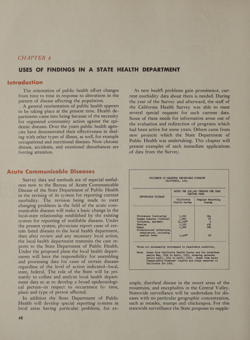 CHAPTER 6 The orientation of public health effort changes from time to time in response to alterations in the pattern of disease affecting the population. A general reorientation of public health appears to be taking place at the present time. Health de- partments came into being because of the necessity for organized community action against the epi- demic diseases. Over the years public health agen- cies have demonstrated their effectiveness in deal- ing with other types of illness, as well, for example occupational and nutritional diseases. Now chronic disease, accidents, and emotional disturbances are forcing attention. Survey data and methods are of especial useful- ness now to the Bureau of Acute Communicable Disease of the State Department of Public Health in the revising of its system for reporting current morbidity. The revision being made to meet changing problems in the field of the acute com- municable diseases will make a basic change in the local-state relationship established by the existing system for reporting of notifiable diseases. Under the present system, physicians report cases of cer- tain listed diseases to the local health department, then after review and any necessary local action, the local health department transmits the case re- ports to the State Department of Public Health. Under the proposed plans the local health depart- ments will have the responsibility for assembling and processing data for cases of certain diseases regardless of the level of action indicated—local, state, federal. The role of the State will be pri- marily to collate and analyze local health depart- ment data so as to develop a broad epidemiologi- cal picture—in respect to occurrence by time, place and type of person affected. In addition the State Department of Public Health will develop special reporting systems in local areas having particular problems, for ex- 48  As new health problems gain prominence, cur- rent morbidity data about them is needed. During the year of the Survey and afterward, the staff of the California Health Survey was able to meet several special requests for such current data. Some of these needs for information arose out of the evaluation and redirection of programs which had been active for some years. Others came from new projects which the State Department of Public Health was undertaking. This chapter will present examples of such immediate applications of data from the Survey. INCIDENCE OF SELECTED REPORTABLE DISEASES CALIFORNIA, 1954   RATES PER 100,000 PERSONS PER YEAR DERIVED FROM California Regular Reporting Health Survey System REPORTABLE DISEASE   Influenza, epidemic Measles Mumps Streptococcal infections, respiratory, including scarlet fever   &amp;8Does not necessarily correspond to reportable condition, Note: Cases from California Health Survey are for interview period May, 1954 to April, 1955, covering calendar period April, 1954 to April, 1955. Cases from Acute Communicable Diseases' reports are those reported in California for 1954. ample, diarrheal disease in the resort areas of the mountains, and encephalitis in the Central Valley. Statewide surveillance will be undertaken for dis- eases with no particular geographic concentration, such as measles, mumps and chickenpox. For this statewide surveillance the State proposes to supple-