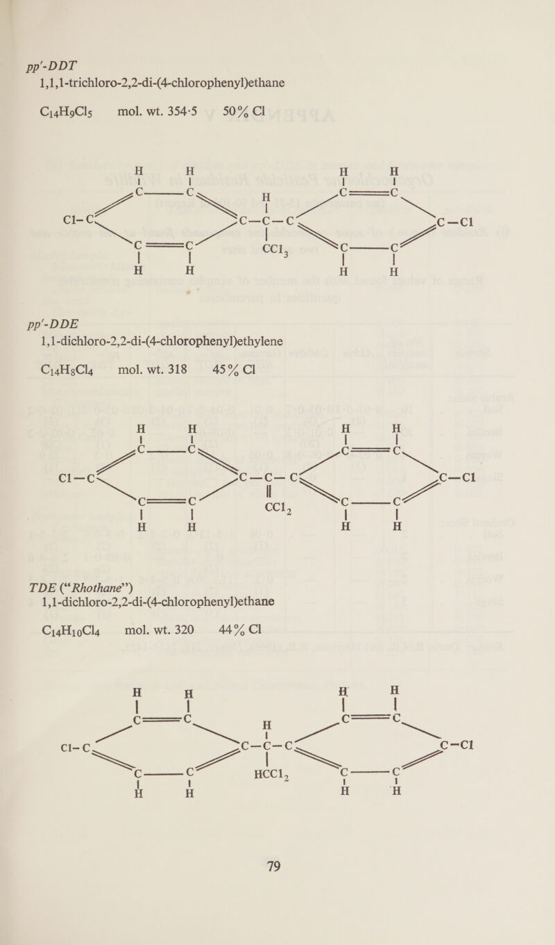 pp'-DDT | 1,1,1-trichloro-2,2-di-(4-chlorophenyl)ethane C14HoCls mol. wt. 354-5 50% Cl                   H H H H l I | | C C 4 C C ci- “a Pian eo ian ~ ay aa C—Cl iia —— la — aes | | , | | H H H H pp’-DDE 1,1-dichloro-2,2-di-(4-chlorophenyl)ethylene Cy4H3Cl4 mol. wt. 318 45% Cl ees eat C C C c er aa | oS —Cl | 1 Ech, : . H H H H TDE (“Rhothane’’) 1,1-dichloro-2,2-di-(4-chlorophenyl)ethane Ci4Hj0Cl4 mol. wt. 320 44% Cl H H H H ii a C1-C C—C-—C C-Cl —, - ei ae oo a | 1 2 I 1 H H