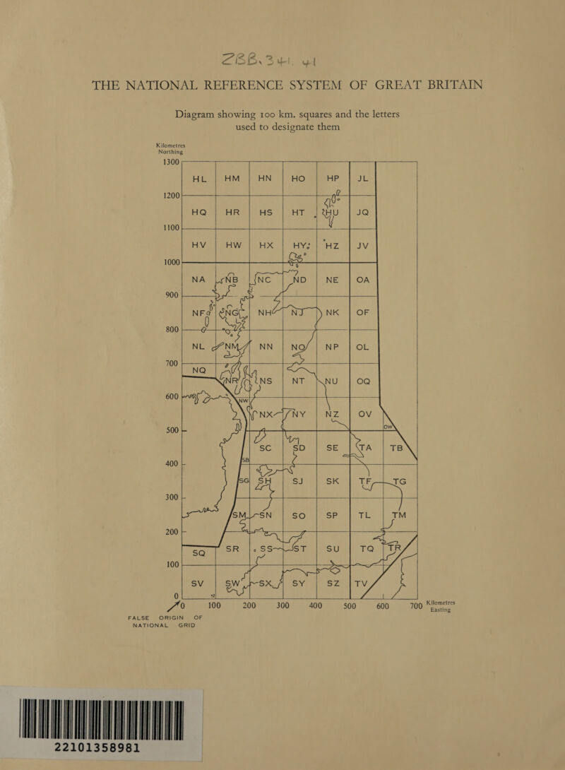 2 B03 whi, co THE NATIONAL REFERENCE SYSTEM OF GREAT BRITAIN Diagram showing 100 km. squares and the letters used to designate them Kilometres Northing 1300 +- - HL | HM | HN | HO | HP J JL   1200 |— 4 HQ | HR | HS HT yy JQ 1100 Ie L     1000  900  800  700   600   500   400 300   200 a ea : ay. sv | swiksxf) sy | sz |Tv 0 avail ee 0 100 200 300 400 500 600 709 Kilometres Easting         FALSE ORIGIN OF NATIONAL GRID TIA 22101358981