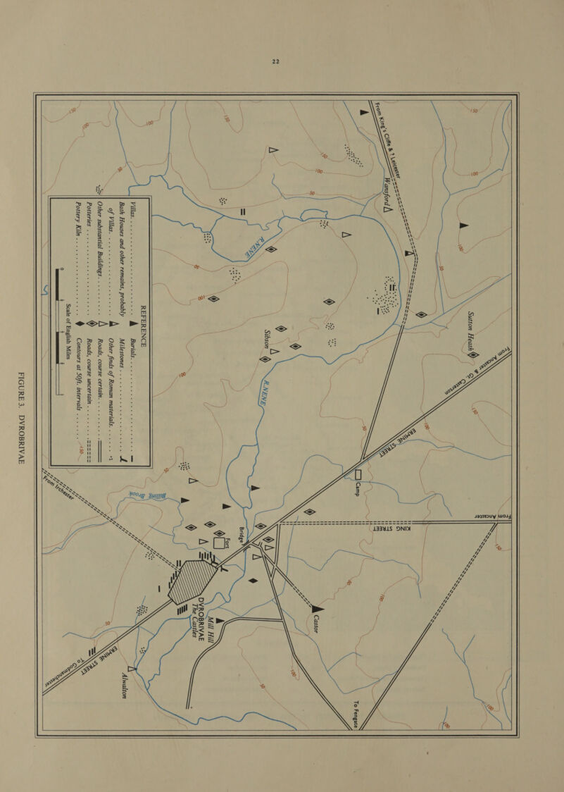      Sibson ®   REFERENCE Burials Bath Houses and other remains, probably Milestones Of VILAGE aaa s Ce ead otees stele A Other finds of Roman materials. Other substantial Buildings A Roads, course certain........... Potteries Roads, course uncertain . . Pottery Kiln Contours at SOft. intervals Scale of em Miles : 1 Ee rr         Jaqseouy wosy S —------ ++ + + + C1g3¥1s OND { SSS RSS aaa Saas s= a= = “ele B A  Alwalton    FIGURE 3. DVROBRIVAE   